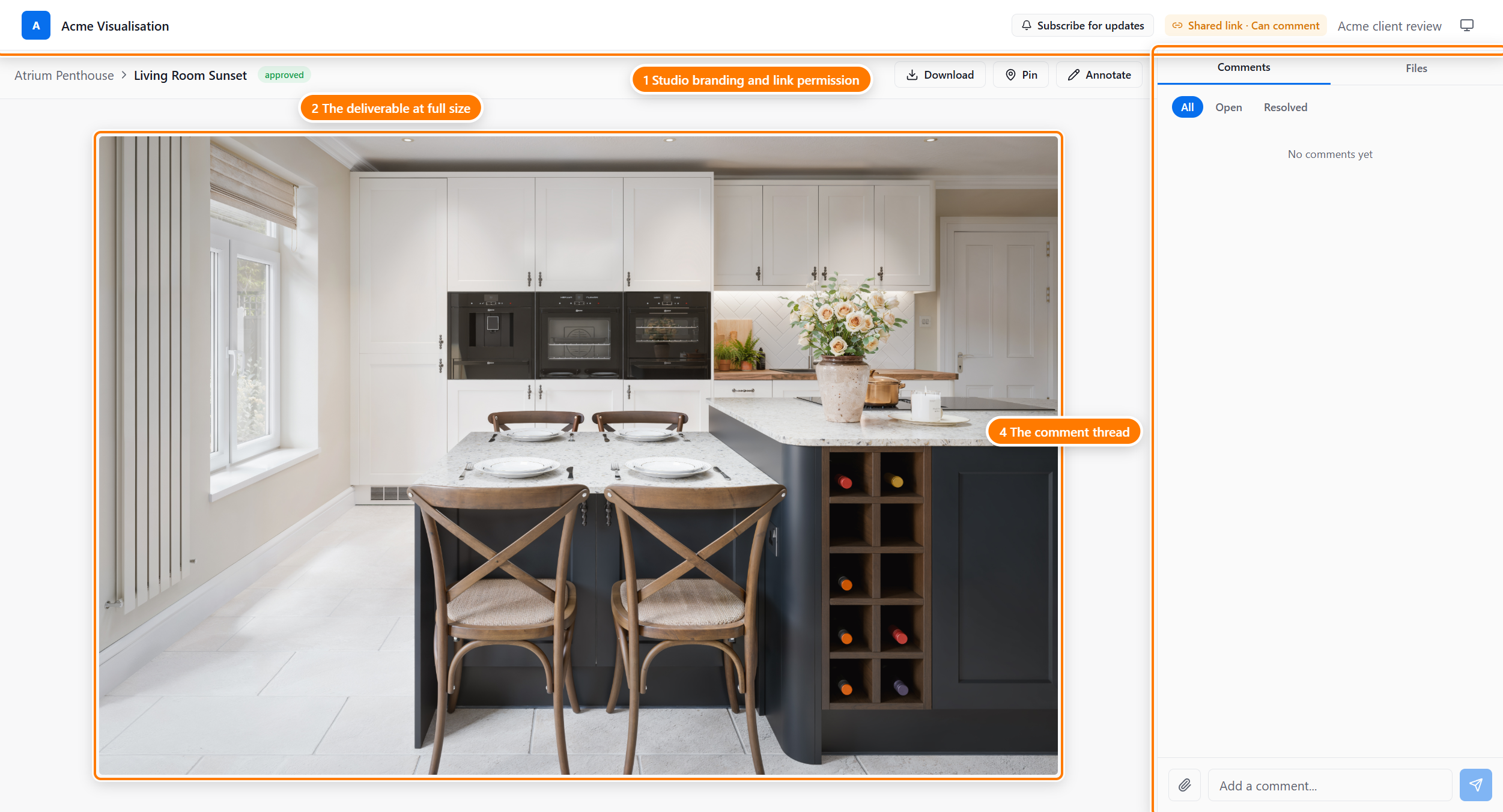 The share-link review page on portal.imeshh.com showing the Living Room Sunset deliverable from Acme Visualisation. The header shows the studio logo and a Subscribe for updates button. Below: a Shared link · Can comment permission pill, the deliverable title with Project label, action buttons, the deliverable preview image, and a right-side comments panel with All / Open / Resolved filters and an Add a comment compose box.
