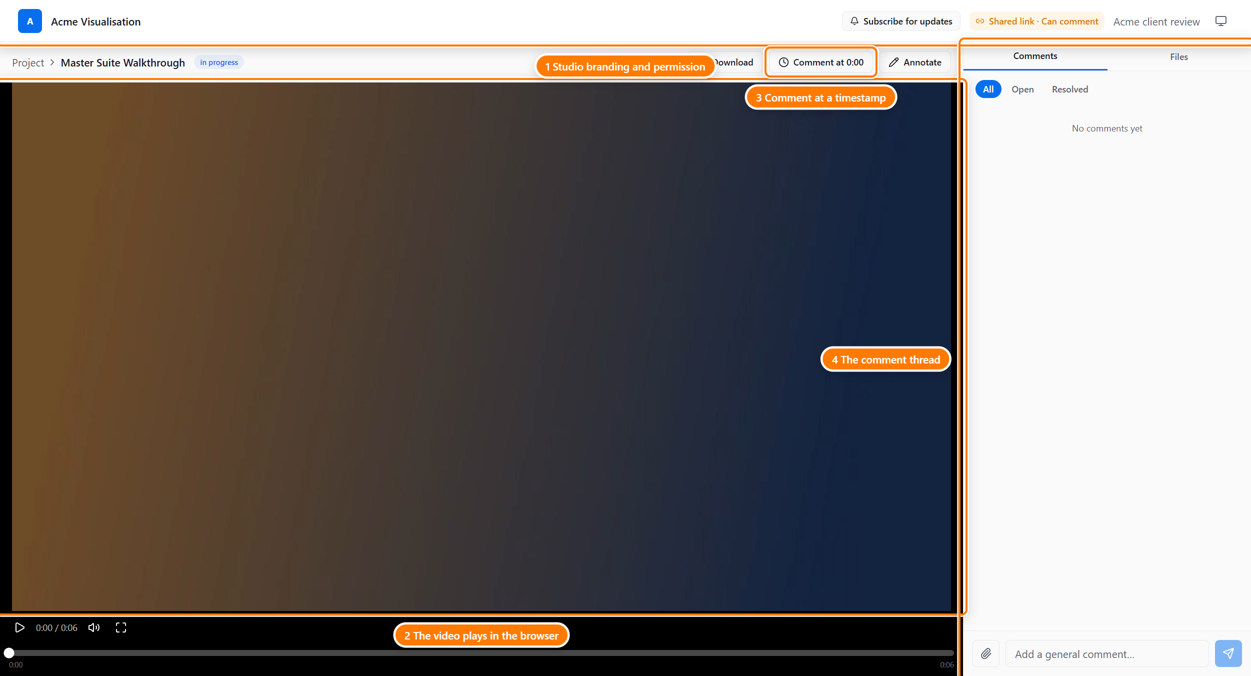 A video deliverable on a share link: the studio header (1), the video playing in the browser with a timeline scrubber (2), the Comment at 0:00 button that ties a comment to a moment (3), and the comments panel (4).