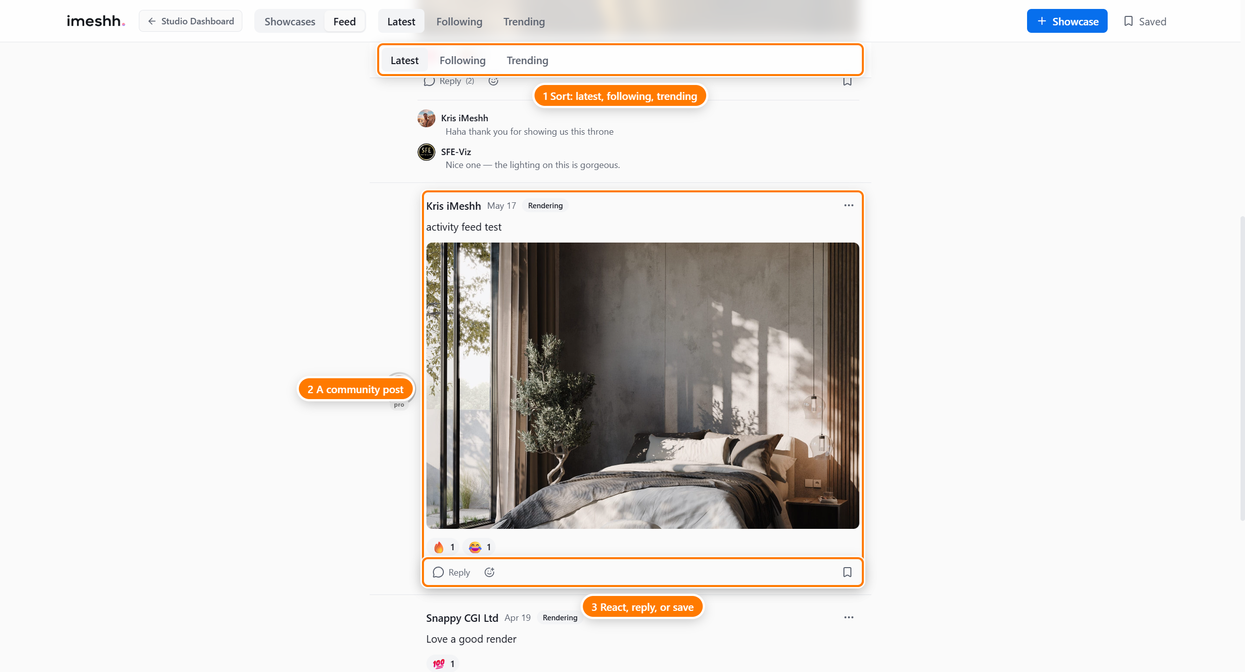 The Community Feed: the Latest / Following / Trending sort tabs (1), the topic filter chips â All, Rendering, Lighting, Materials and more (2), the post composer (3), and a community post below with reactions and replies.
