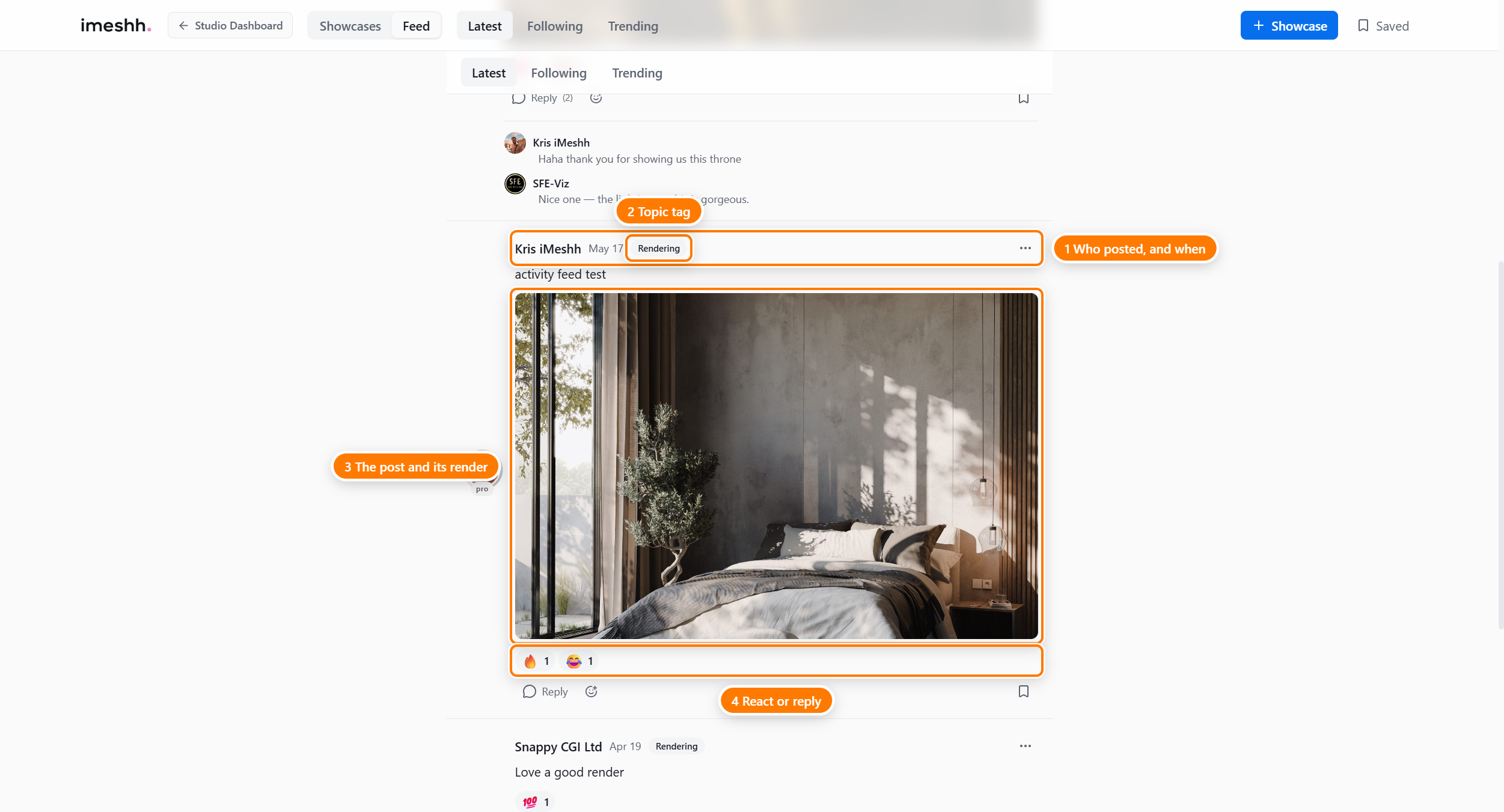 The Feed with the post composer (1) at the top and a community post below it (2) showing the studio name, topic badge, image, reactions, and replies.