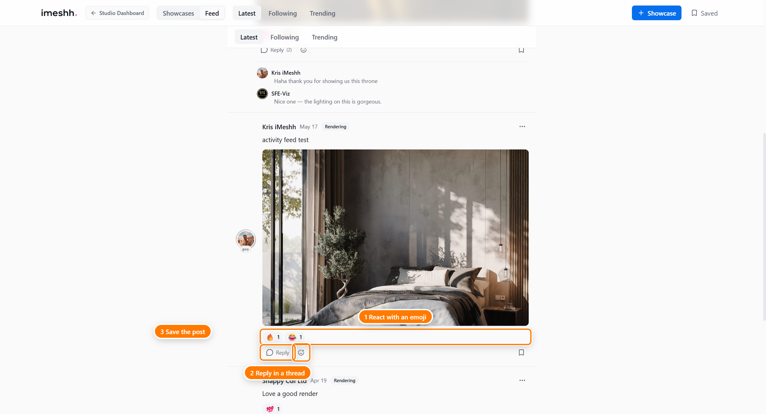 A Feed post's engagement bar: the reaction counts (1), the Reply button (2), and the Add reaction button (3) for picking an emoji, with the bookmark icon to save the post.