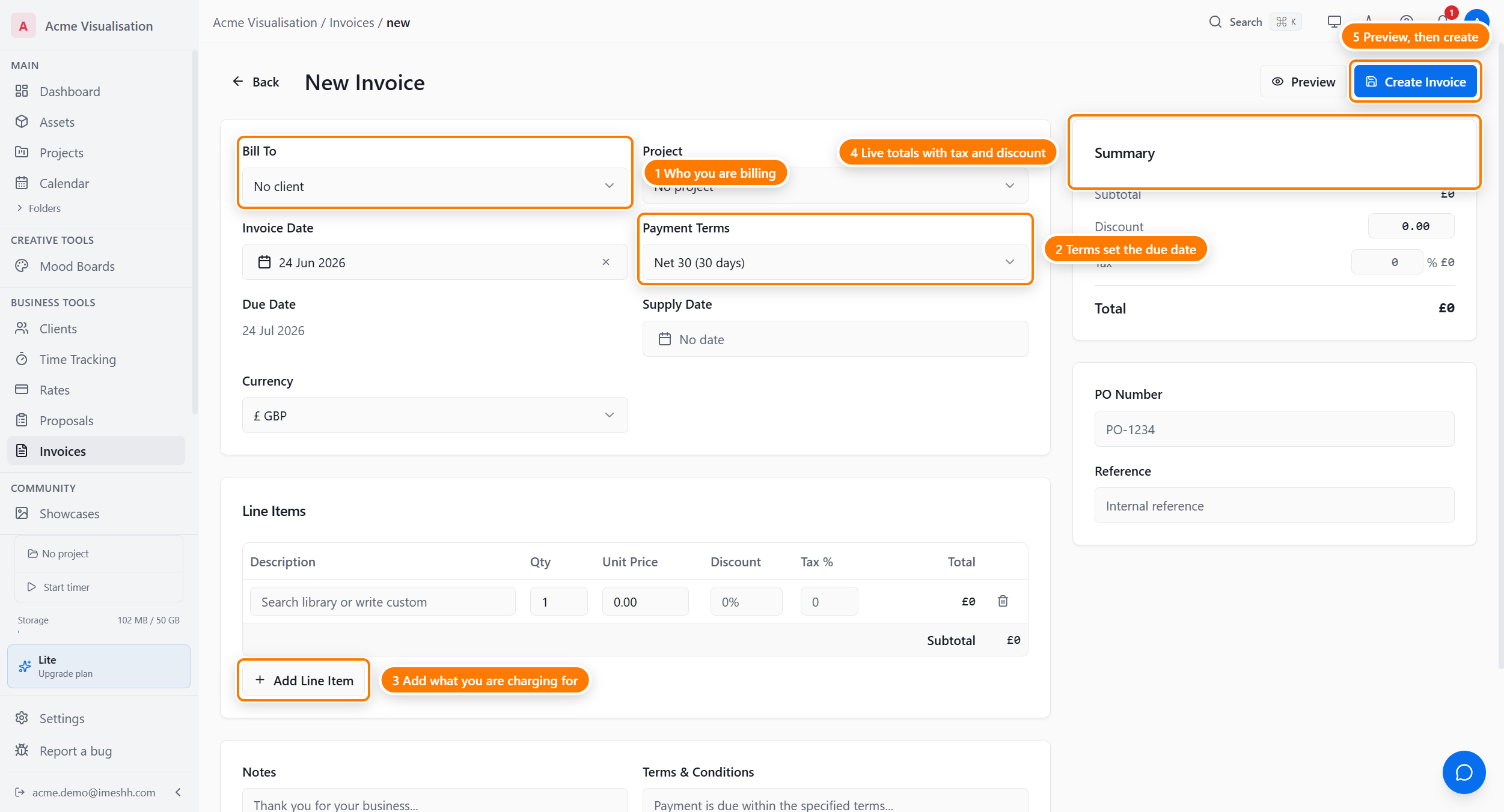 The New Invoice form: the Bill To and Project pickers (1), the Payment Terms that set the due date (2), the Add Line Item button below the line-items table (3), the live Summary with subtotal, tax, and total (4), and the Create Invoice button (5).