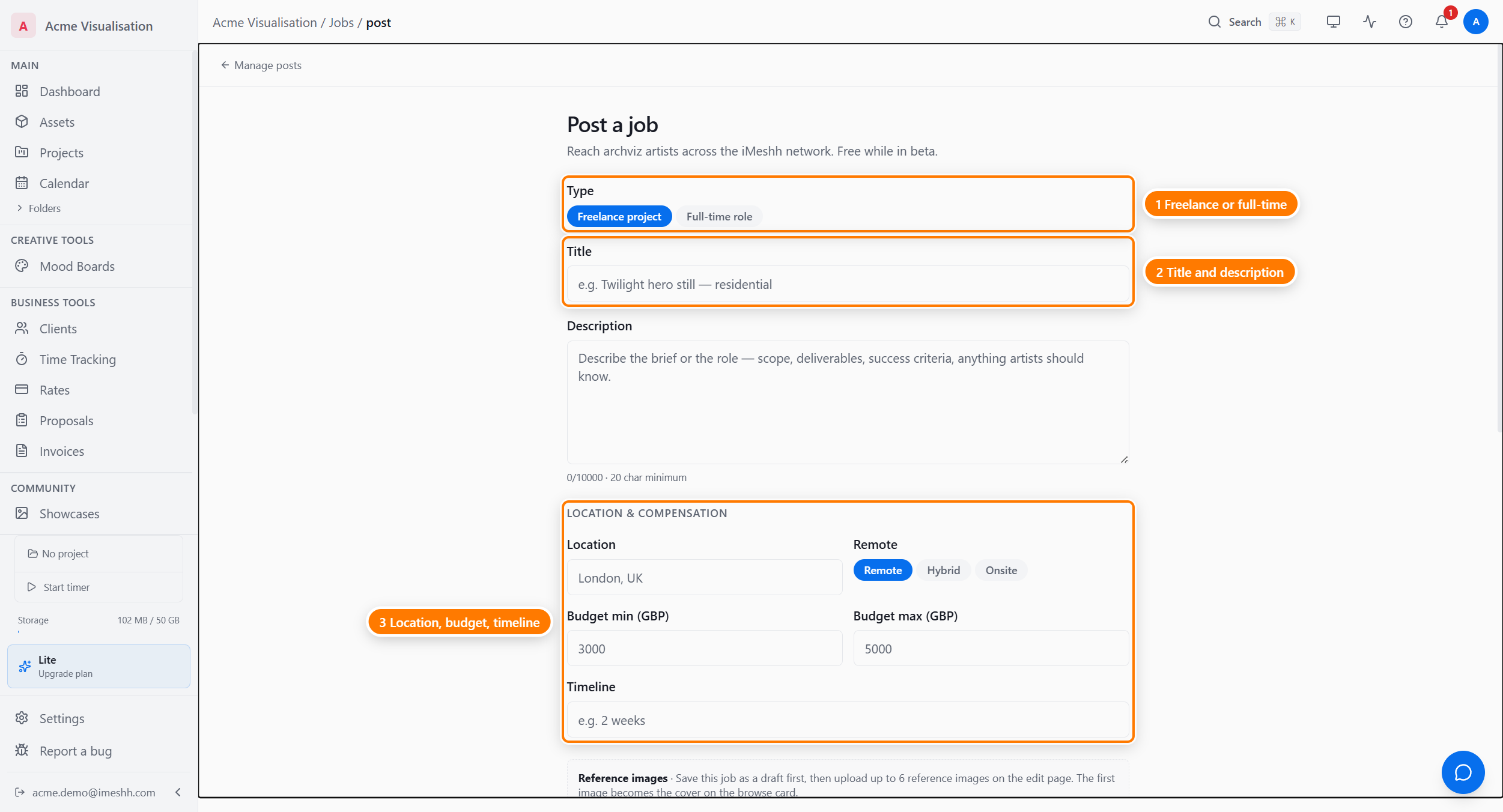 The Post a job form: the Freelance / Full-time type toggle (1), the Title and brief (2), the budget range (3), and the skill and software tags (4).