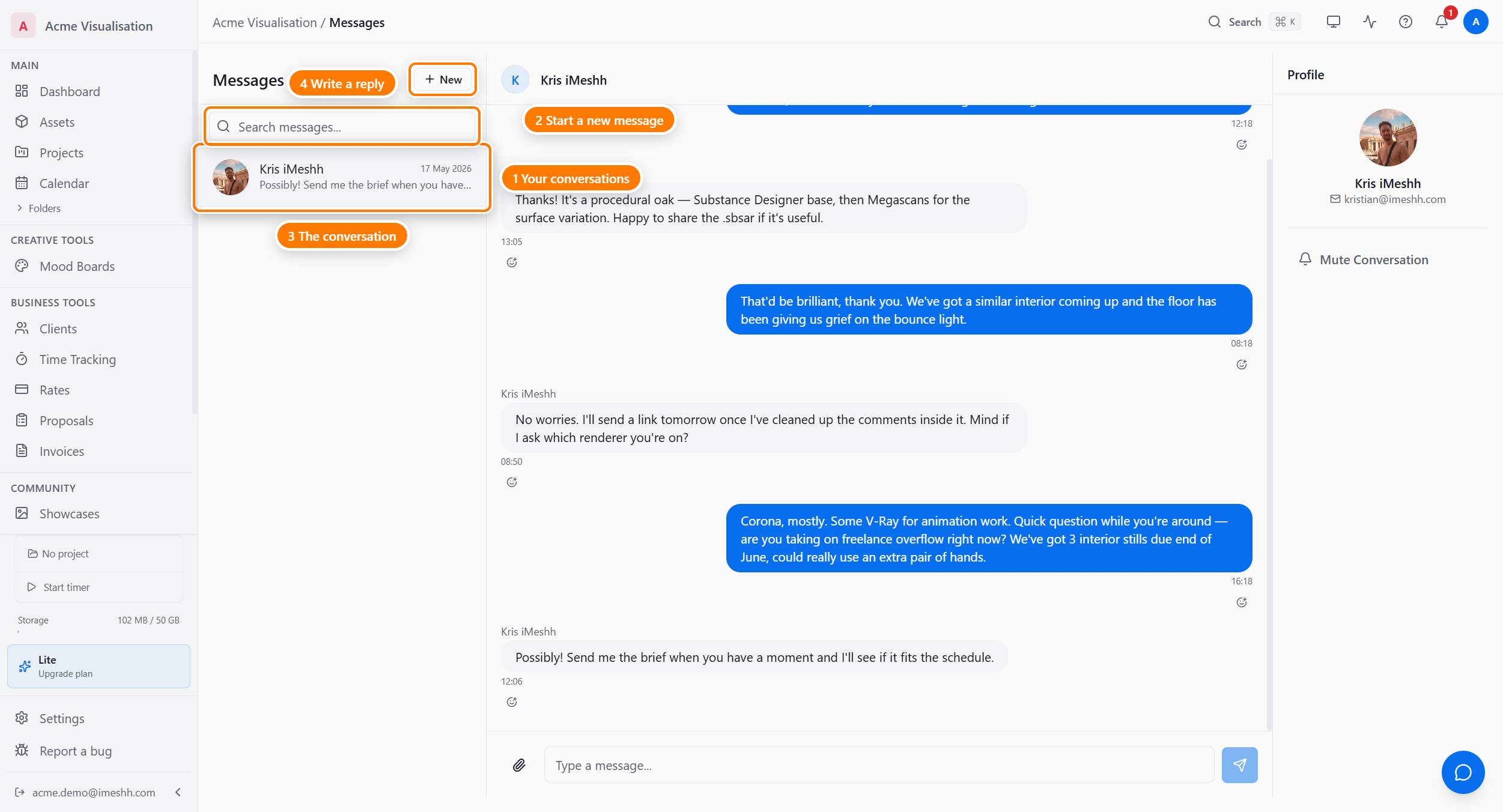 The Messages page: the conversation list on the left (1), the New button to start a message (2), the open conversation thread in the centre (3), and the message box at the bottom to write a reply (4).