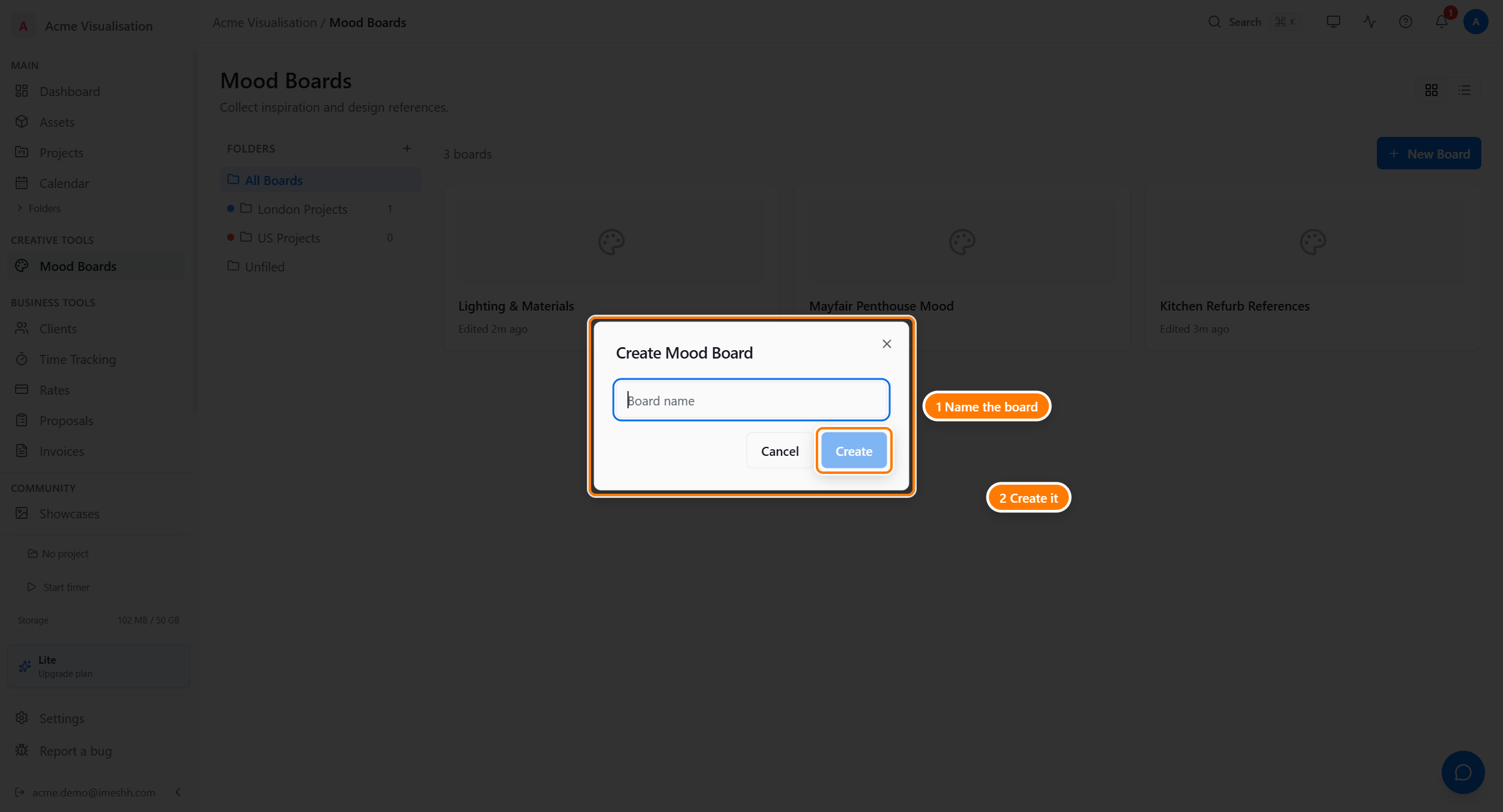 The Create Mood Board dialog with a Board name field (1) and a Create button (2).