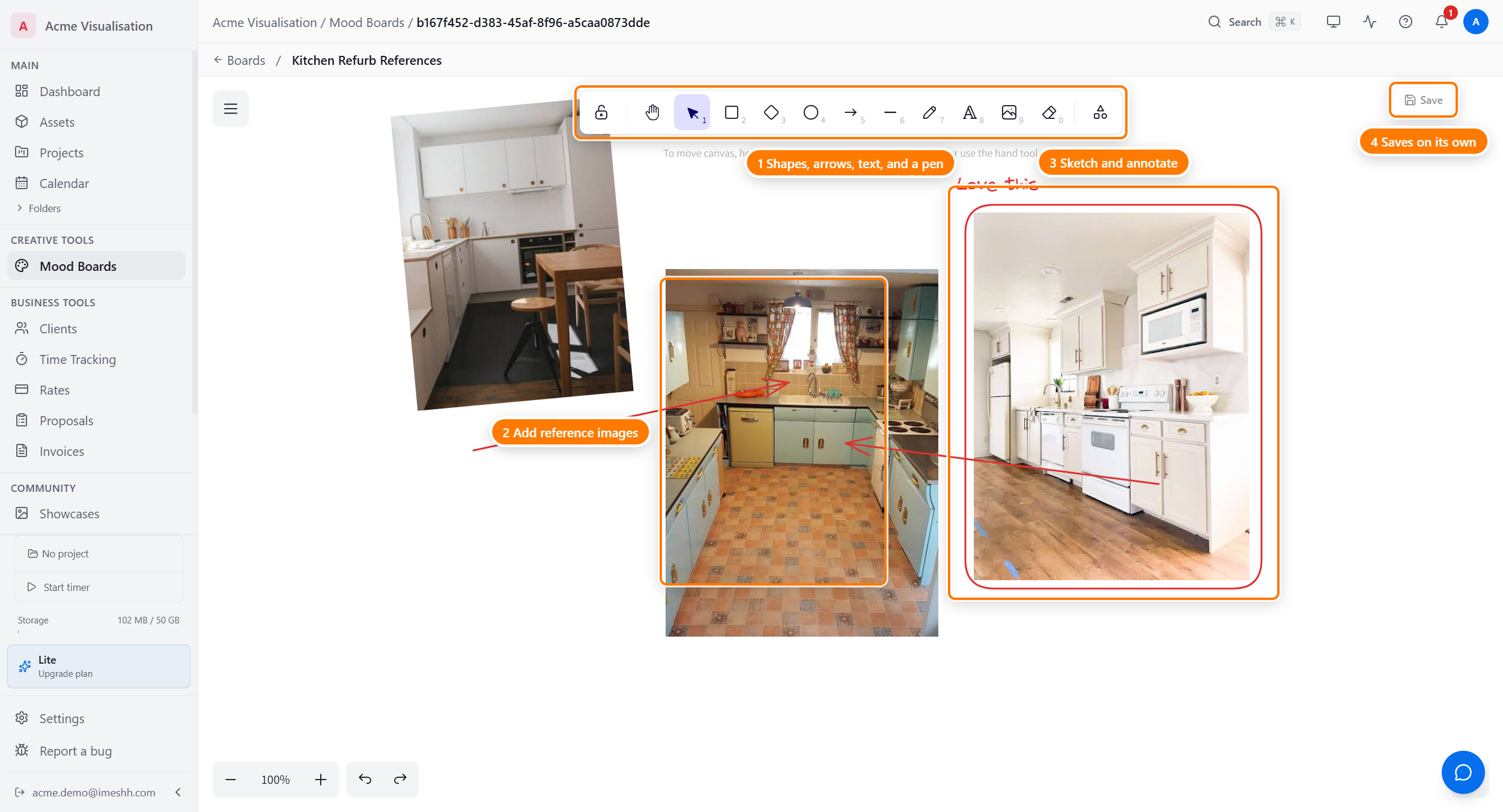 A mood board open in the editor: the drawing toolbar with shapes, arrows, text, and a pen (1), reference images on the canvas (2), a sketched circle and note highlighting a favourite (3), and the Save button (4).