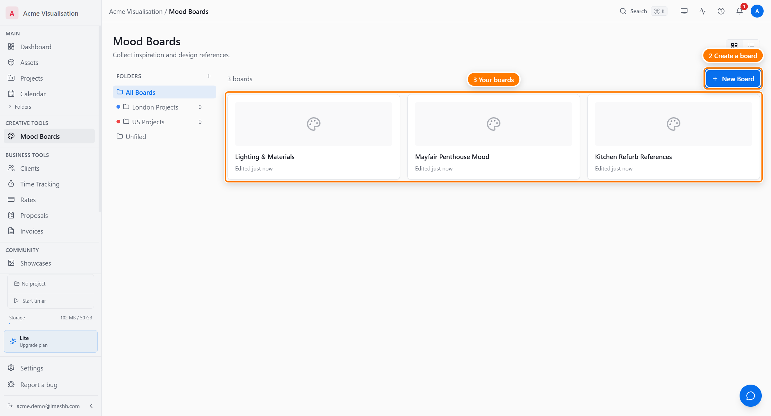 The Mood Boards page: the folder sidebar on the left (1 — All Boards plus your folders), the New Board button, and the board grid (empty here until you create your first board).