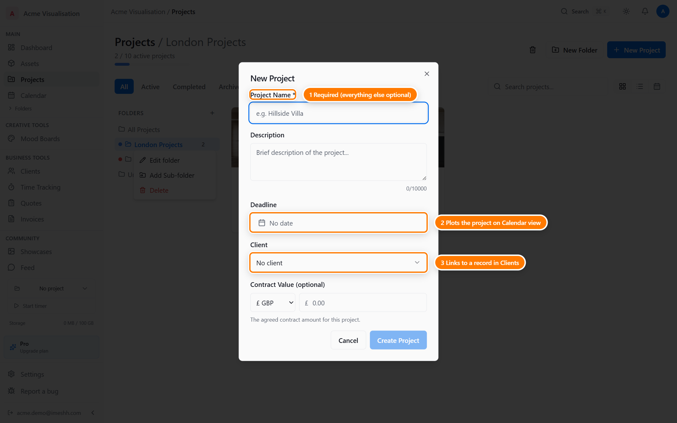 The New Project dialog showing fields for Project Name (required), Description, Deadline, a Client typeahead search field, Contract Value with a currency picker showing GBP, and Cancel / Create Project buttons at the bottom.