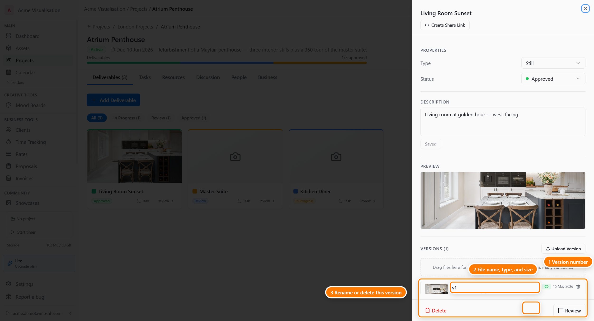 The Building Walkthrough deliverable panel showing the Versions section: v1 with file name building-walkthrough-v1.mp4, type video/mp4, size 81.0 MB, upload date, a client note input, and a 'Not shared with client' toggle.