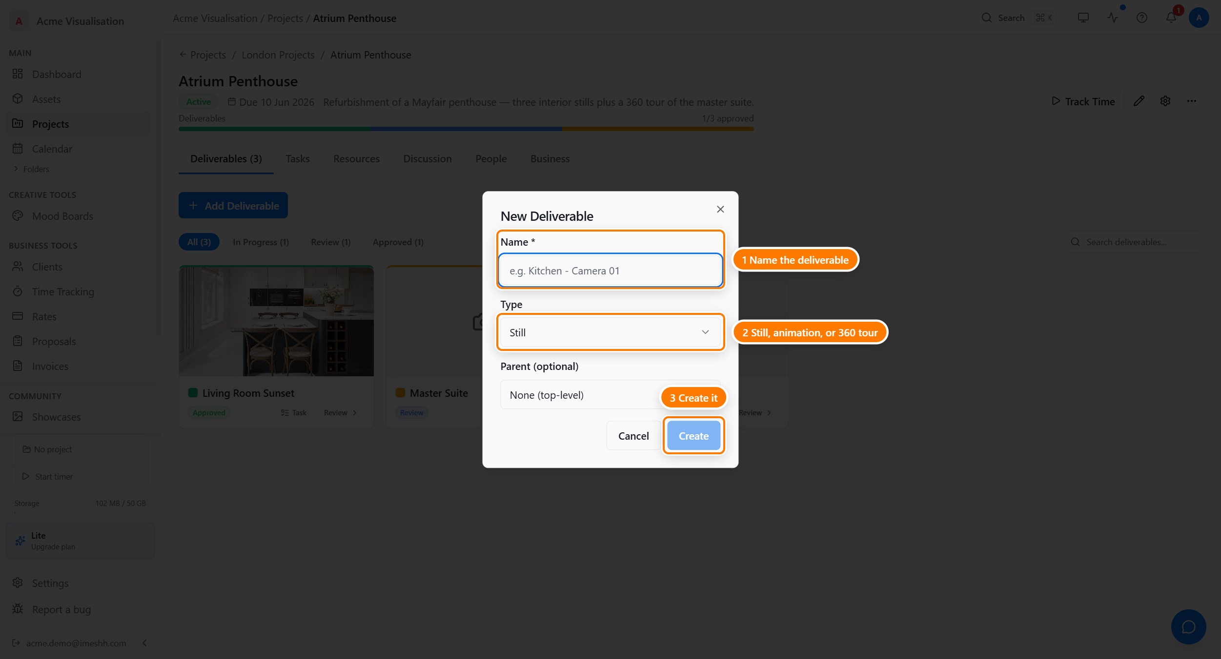 The New Deliverable dialog with three fields: Name (required), Type (dropdown set to Still), and Parent (optional, set to None top-level).