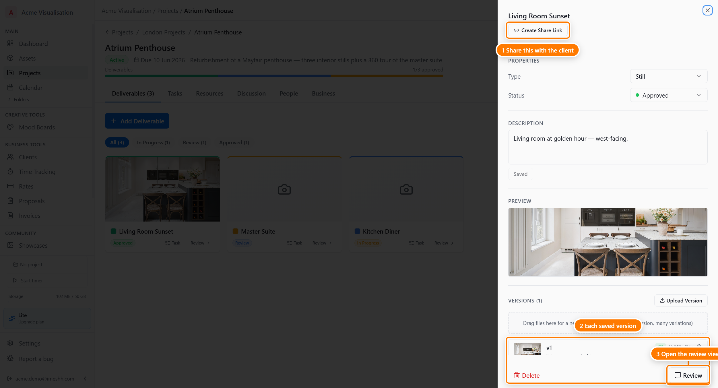 The Kitchen Hero deliverable detail panel showing the title, Send Review Link and Create Share Link buttons, a Properties section with Type and Status dropdowns, a Description field, a Preview thumbnail, and a Versions section showing v1 with a 'Shared with client' indicator.