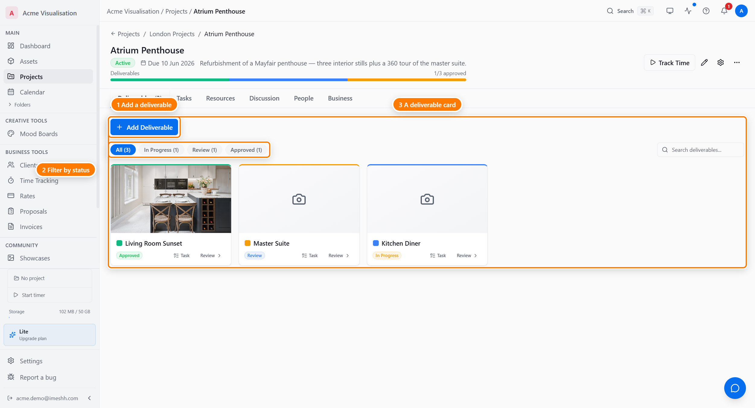 The Deliverables tab on Crestwood Tower showing four deliverable cards (Exterior Hero, Kitchen Hero, Lobby Approach, Building Walkthrough), the Add Deliverable button, status filter tabs, and a search box.