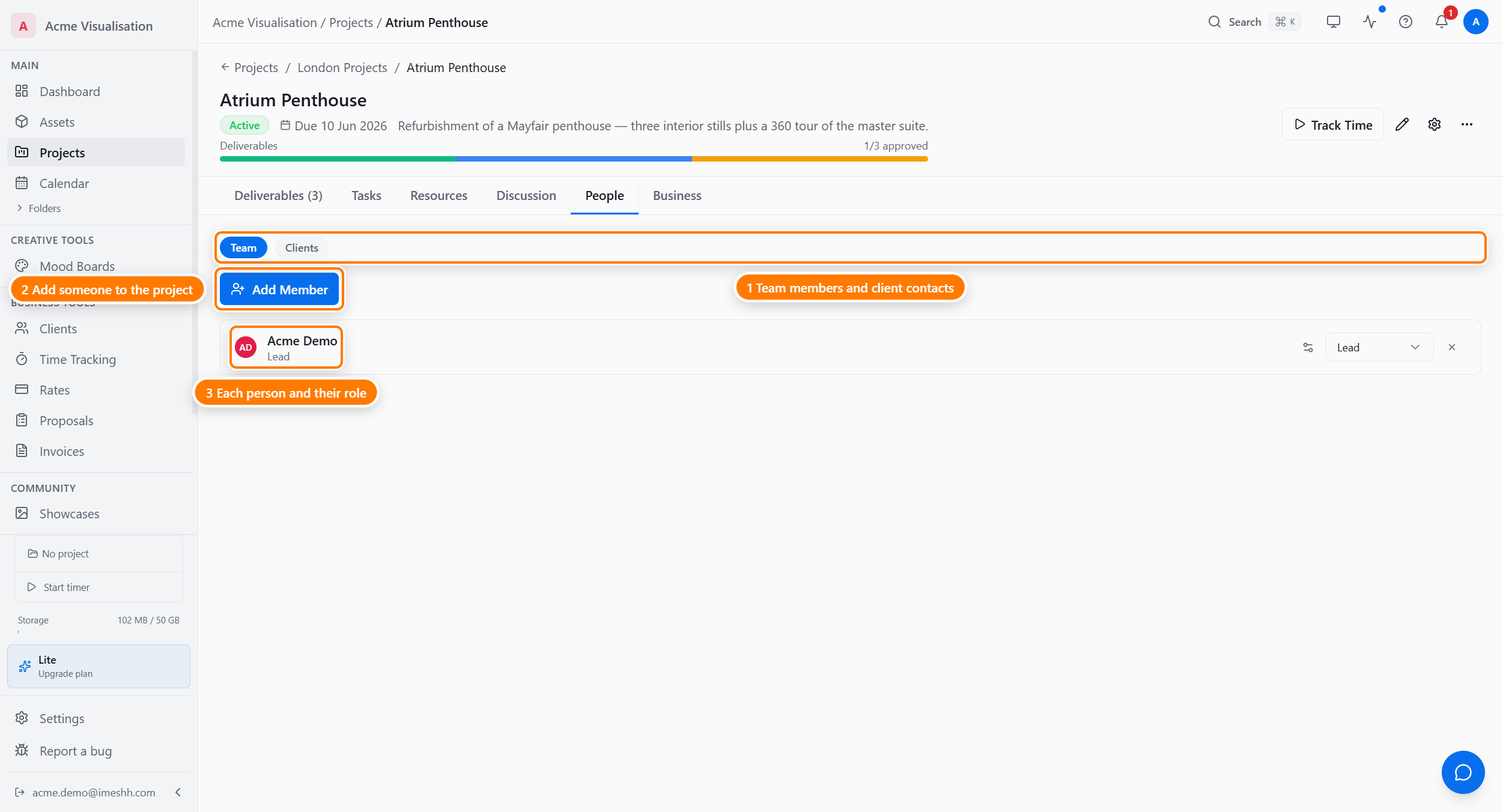 The People tab on the Team sub-tab, showing one member: Acme Demo, role Lead, with a role dropdown and an Edit tab permissions button. An Add Member button sits in the top-right.