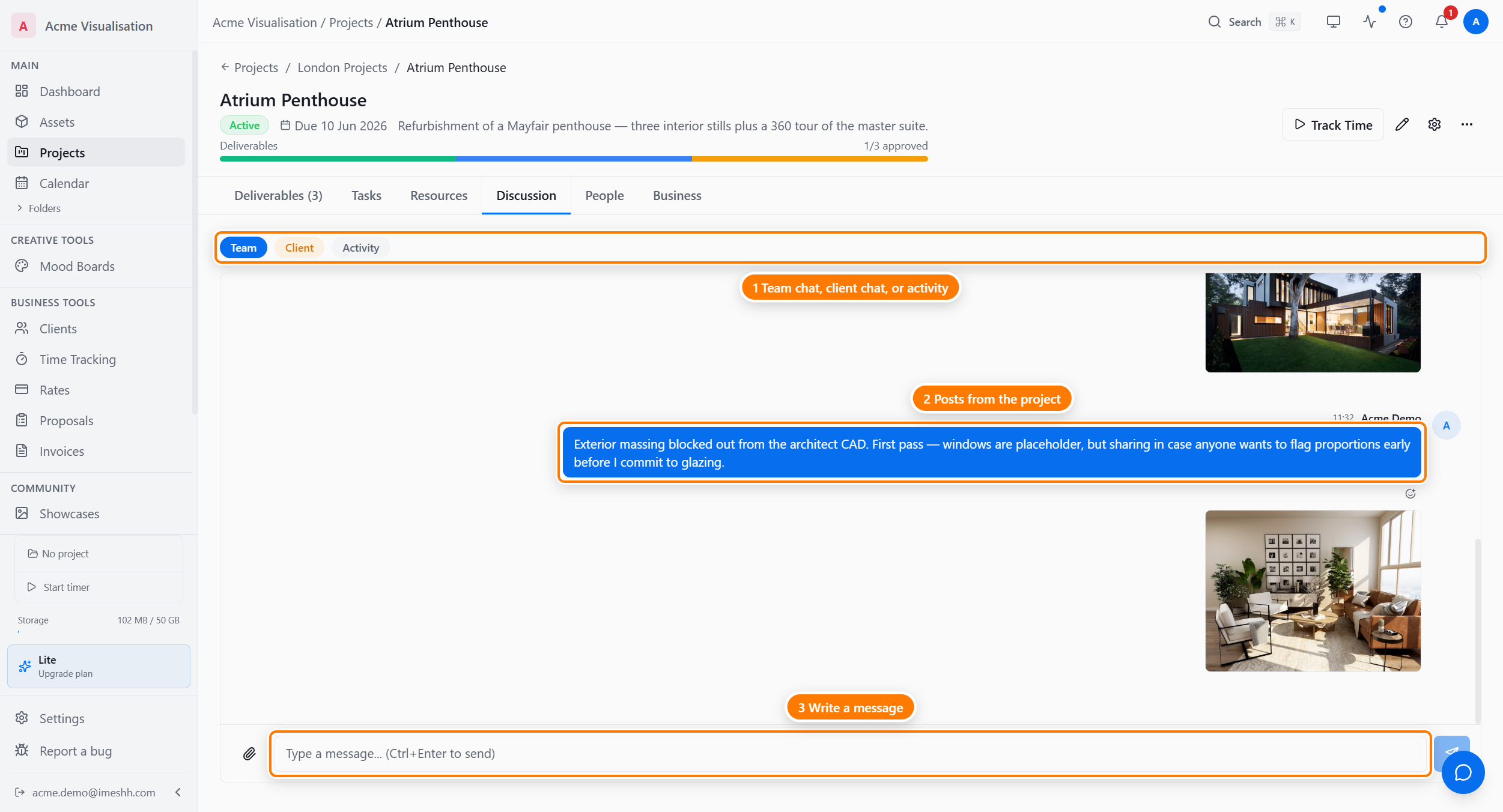 The Discussion tab on the Atrium Penthouse project, Team sub-tab selected, showing several Acme Demo messages — a camera-angle decision, a material reference with an inline image attachment, and a massing pass with a render attached. The compose box at the bottom has an attach paperclip and a Ctrl+Enter hint.