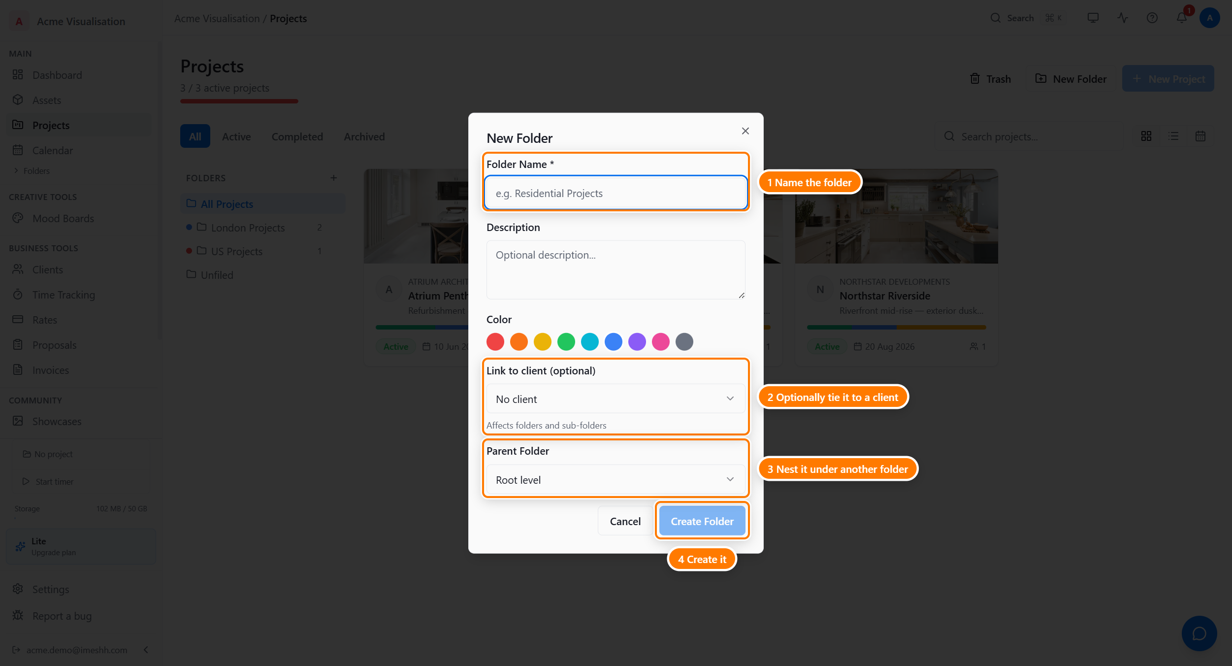 The New Folder dialog with fields for Folder Name (required), Description (optional), a row of nine coloured circles for Color, a Link to client dropdown set to 'No client', and a Parent Folder dropdown set to 'Root level'.