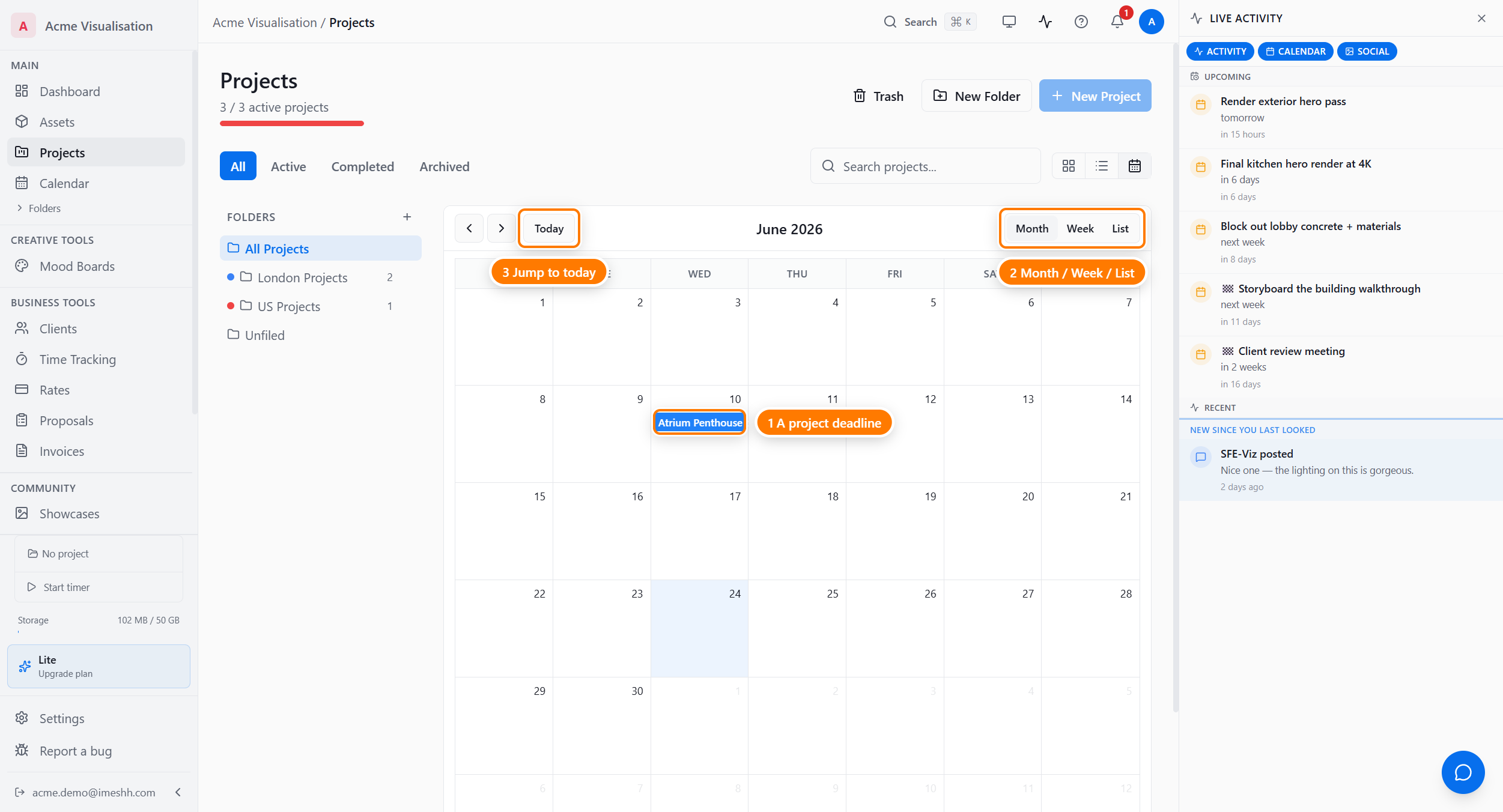 Calendar view showing August 2026, with Northstar Riverside plotted as a coloured pill on Thursday the 20th â its deadline.