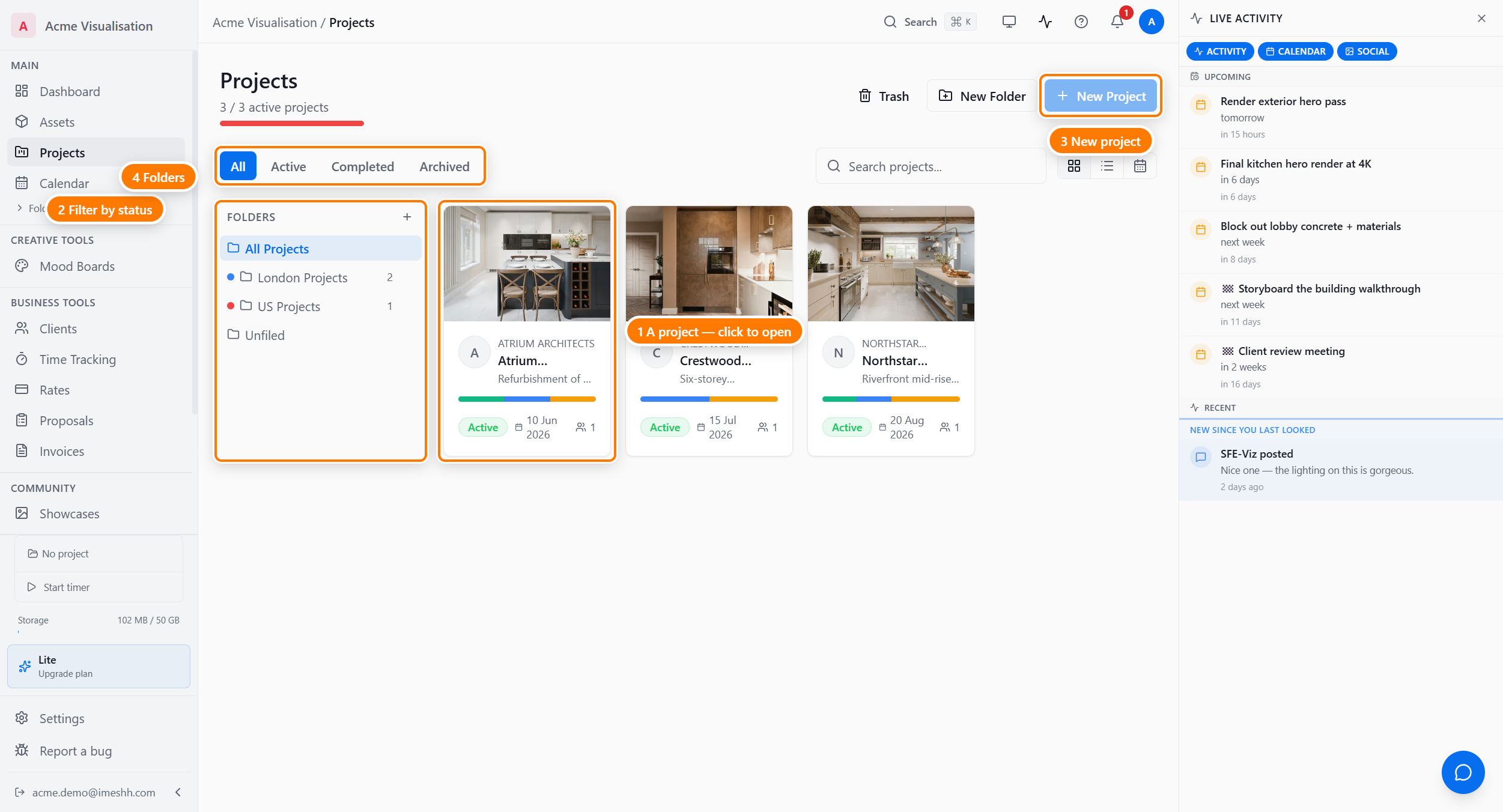 The Projects index in grid view, showing three project cards with cover images, the Folders sidebar on the left listing All Projects, London Projects, US Projects, and Unfiled, status tabs (All, Active, Completed, Archived) above, and a view toggle and search box on the top right.