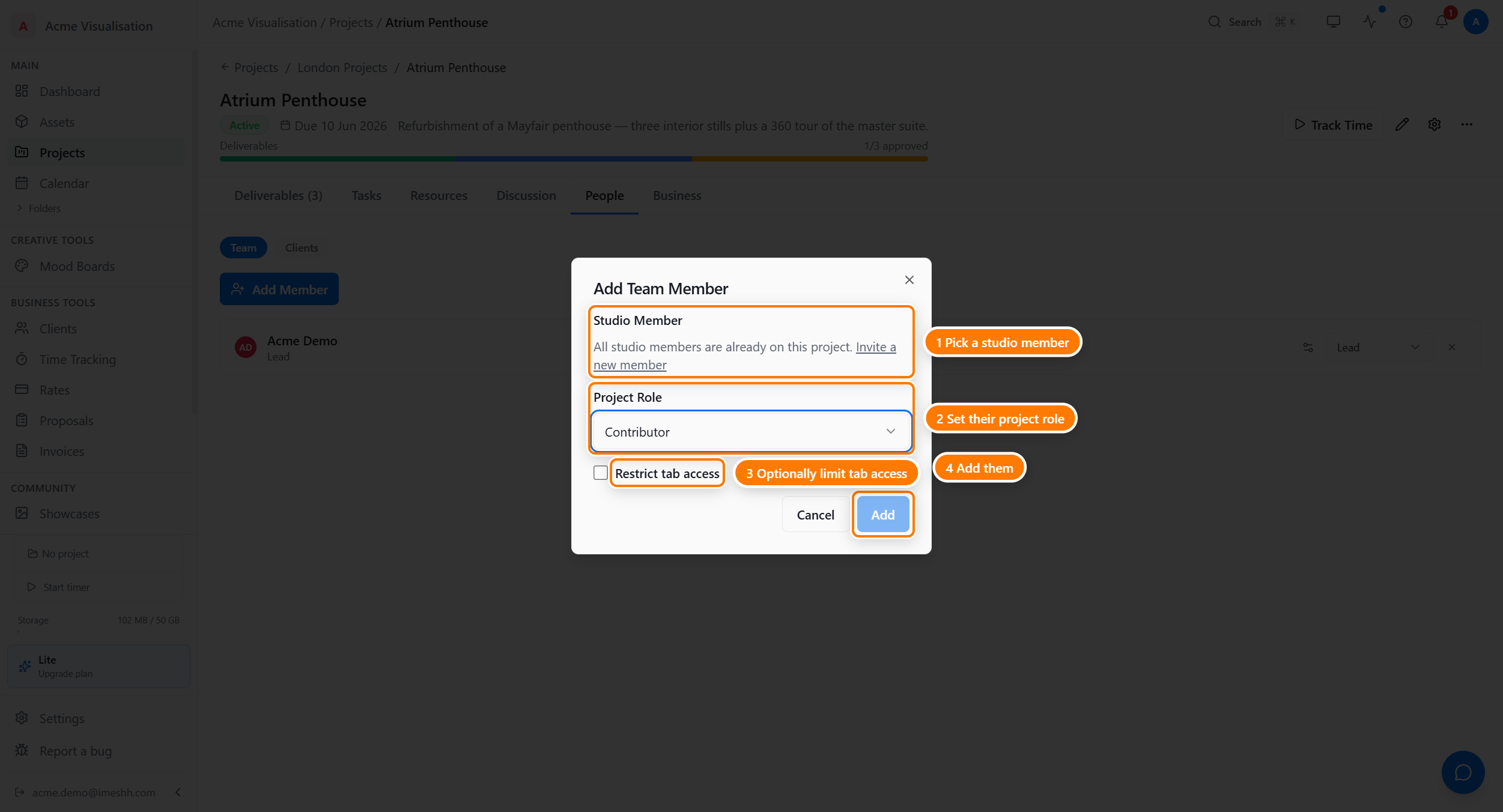 The Add Team Member dialog showing a Studio Member section, an Invite a new member link, a Project Role dropdown set to Contributor, and a Restrict tab access checkbox.