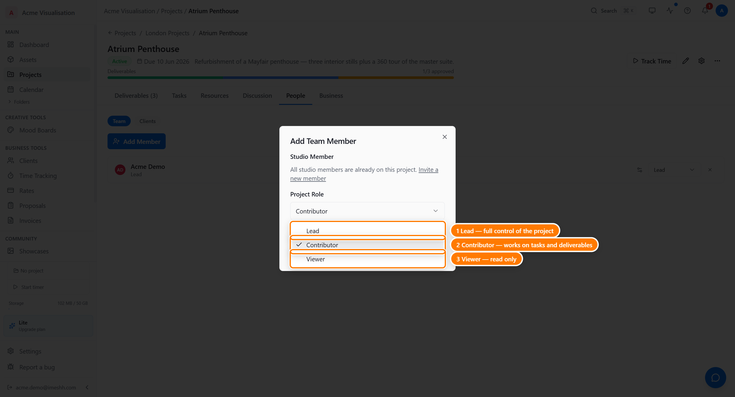 The Project Role dropdown open, showing three options: Lead, Contributor (with a tick), and Viewer.