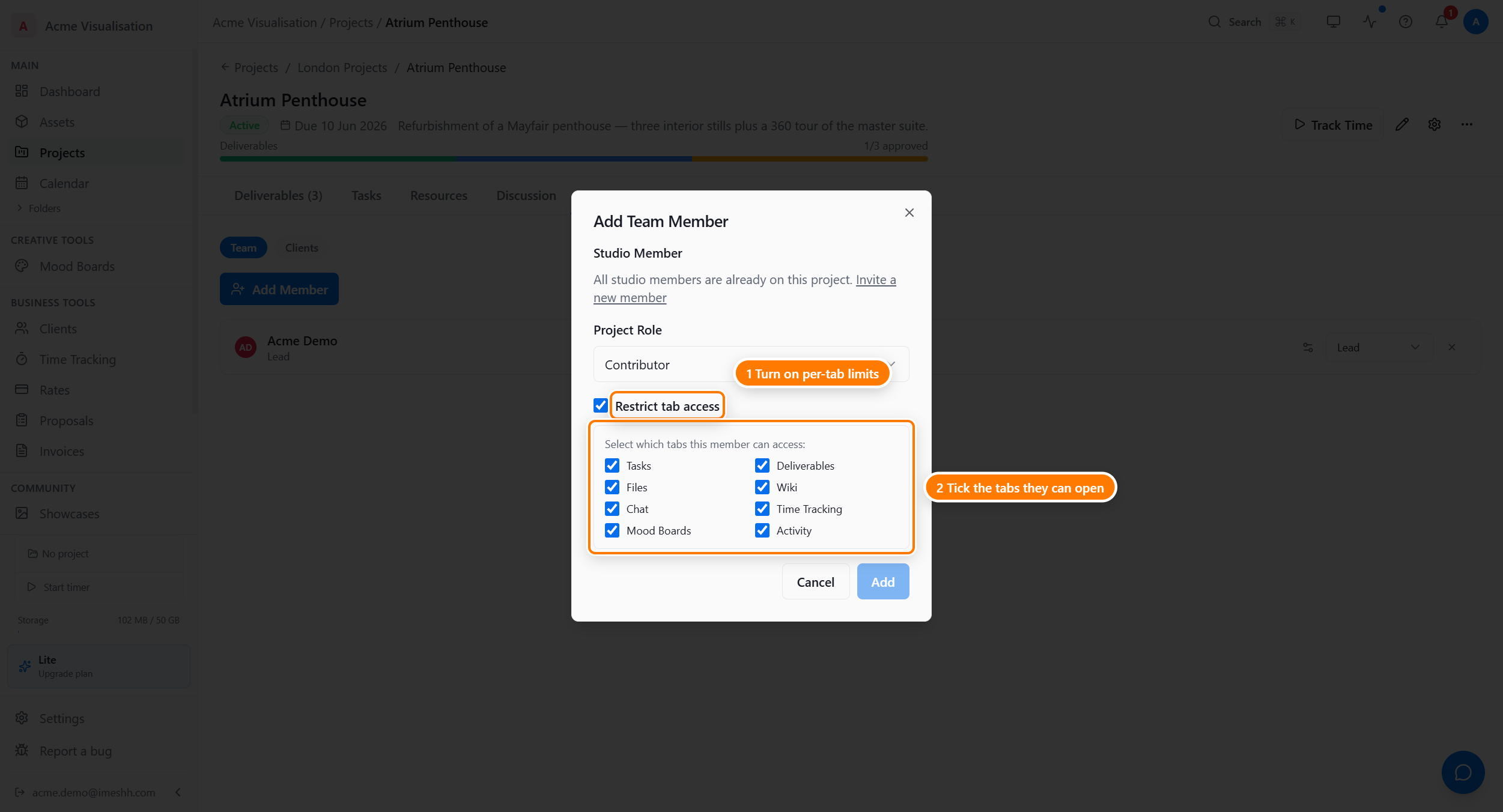 The Tab Permissions dialog with Restrict tab access turned on, showing eight checkboxes: Tasks, Deliverables, Files, Wiki, Chat, Time Tracking, Mood Boards, and Activity. All eight are ticked.