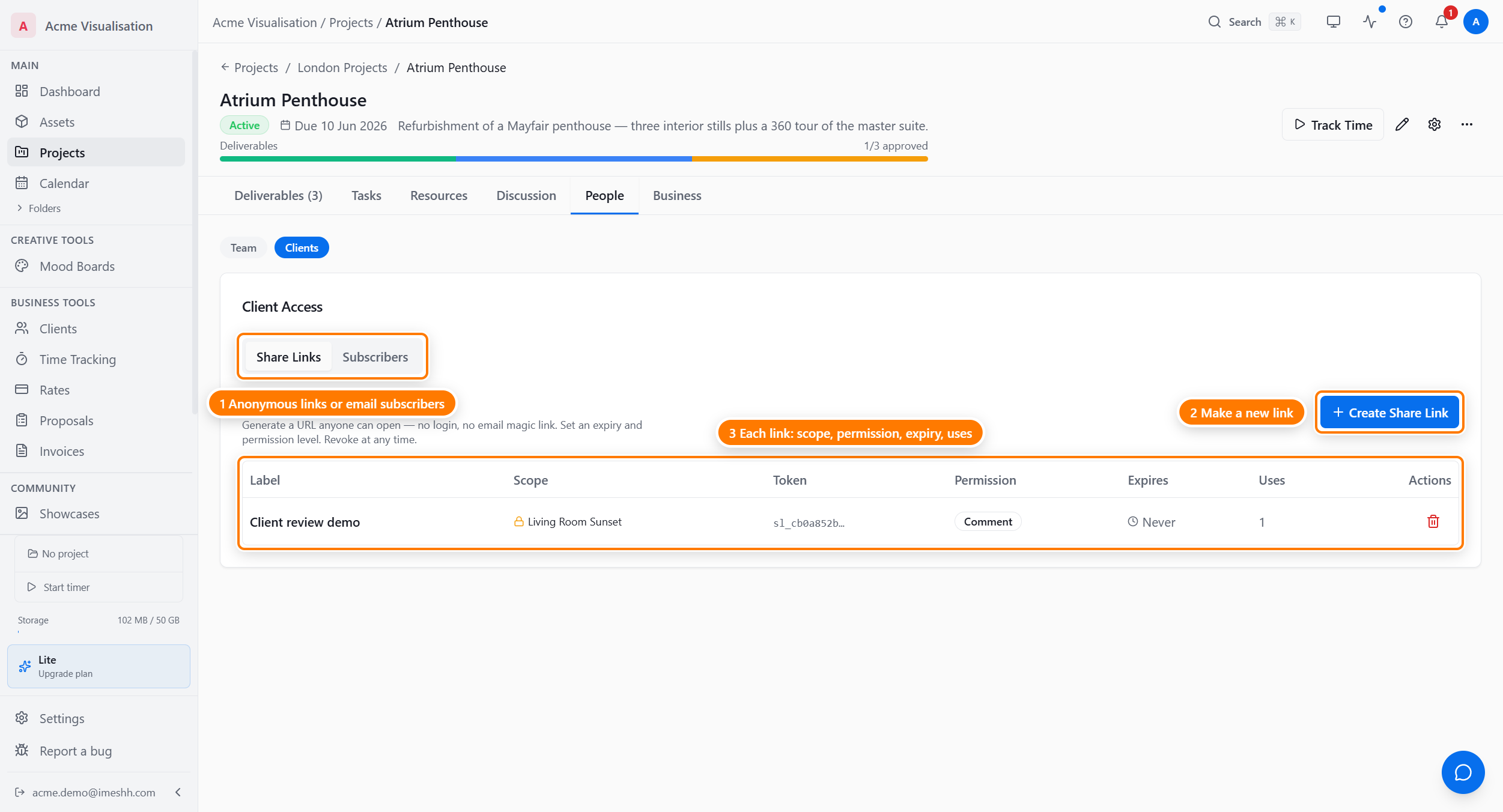 The client access panel on the People → Clients tab of the Crestwood Tower project, showing the Anonymous Share Links section header and a Create Share Link button with empty-state text.