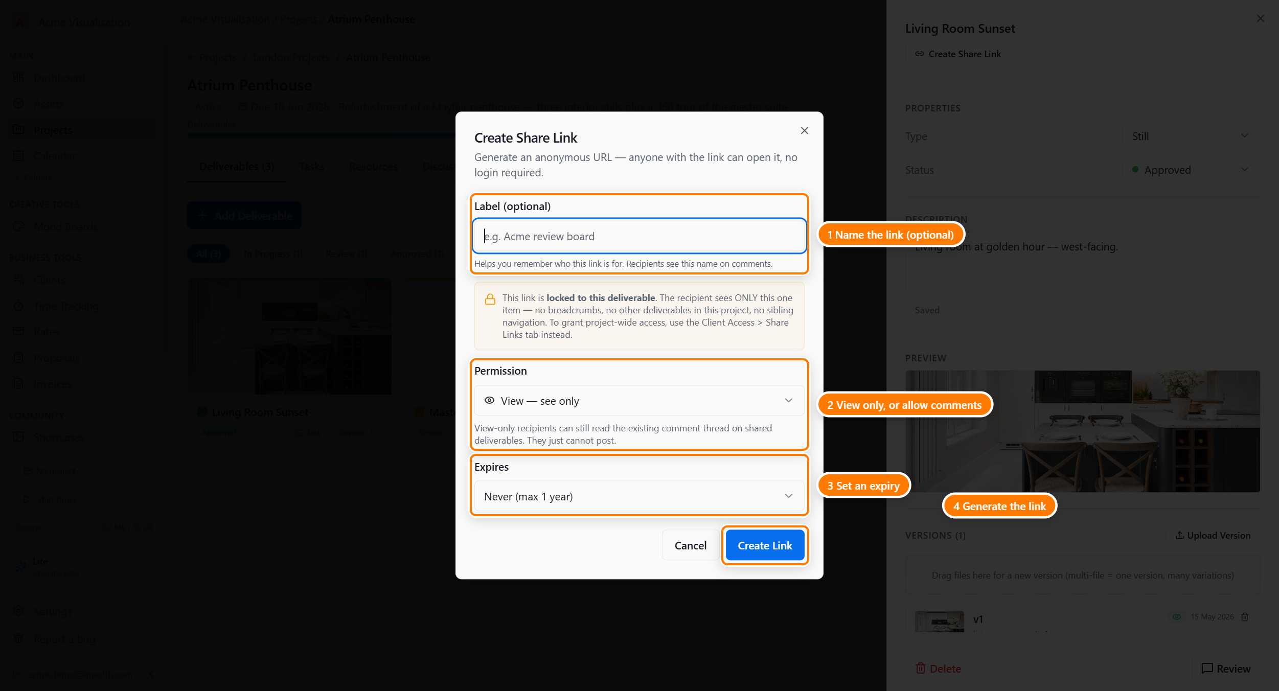 The Create Share Link dialog with three fields: Label (optional), Permission (View — see only), and Expires (Never — max 1 year). Below is a note that the link is locked to this deliverable only.