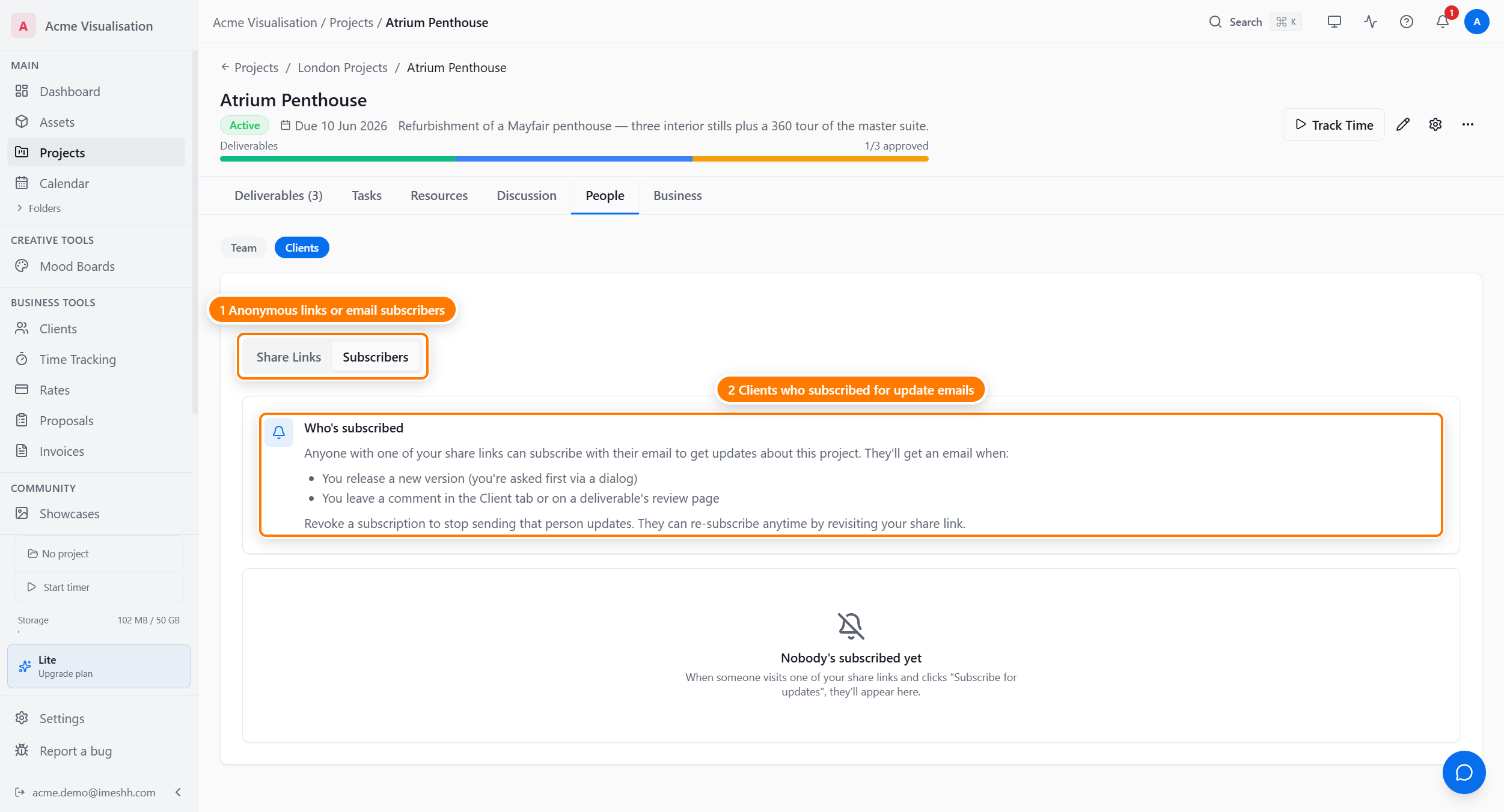 The Subscribers tab under People → Clients, with the Share Links and Subscribers sub-tabs at the top and a note explaining who gets update emails and when.