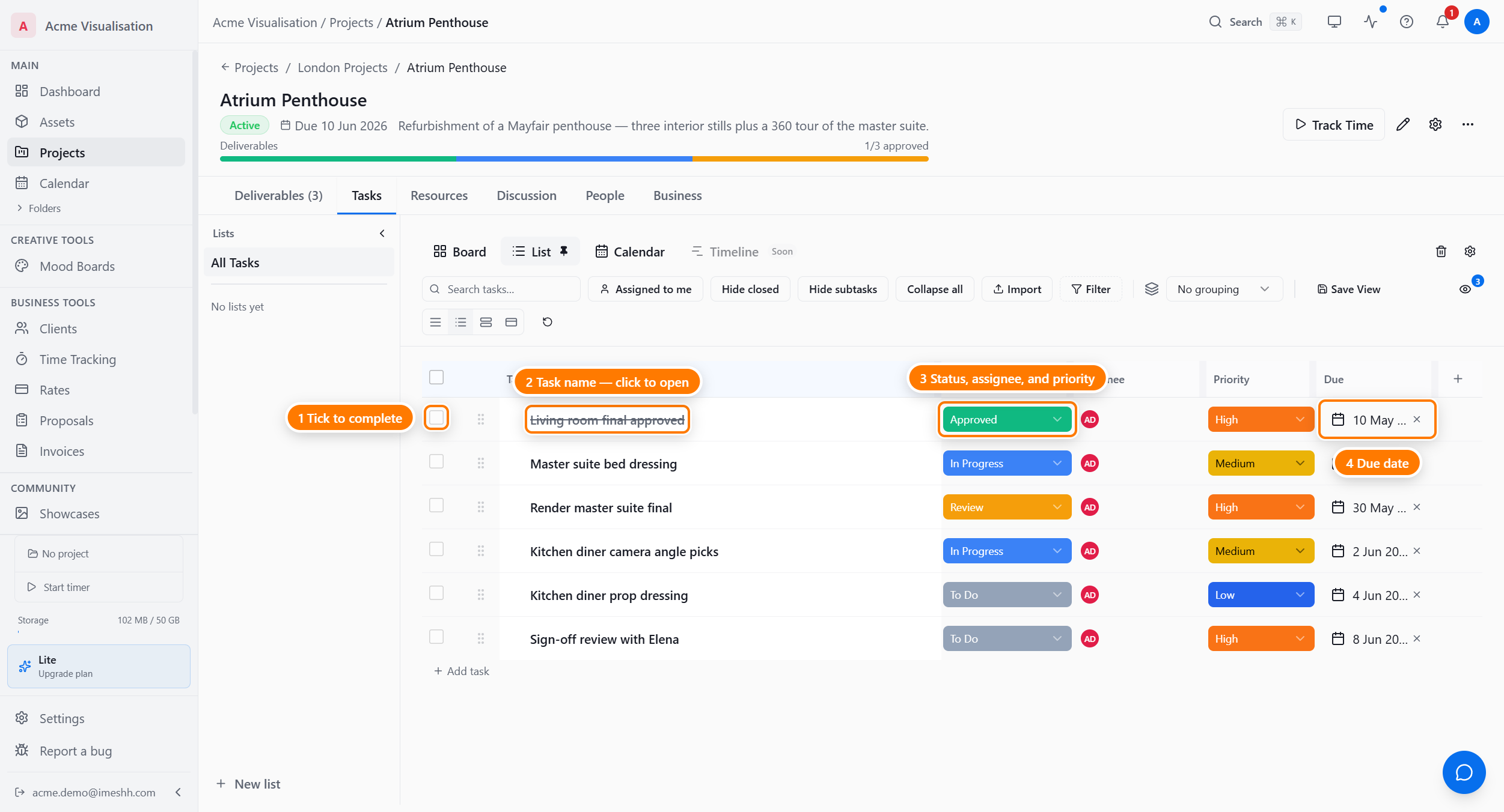 An expanded task row for 'Detail kitchen island and cabinetry' showing inline editable cells for Status, Assignee, Priority, and Due date, with the description below.