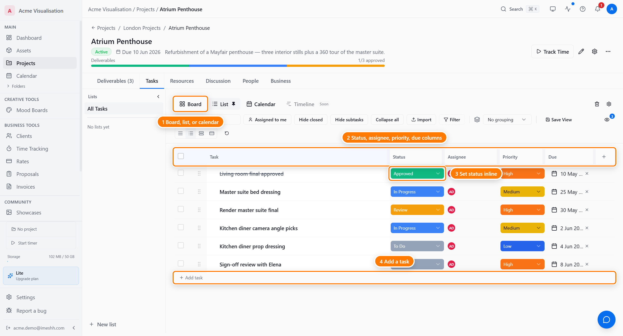 The Tasks tab on Crestwood Tower in List view, showing column headers (Task, Status, Assignee, Priority, Due), nine task rows with statuses ranging from To Do to Approved, the 'Add task' button at the bottom, and the Lists sidebar on the left.