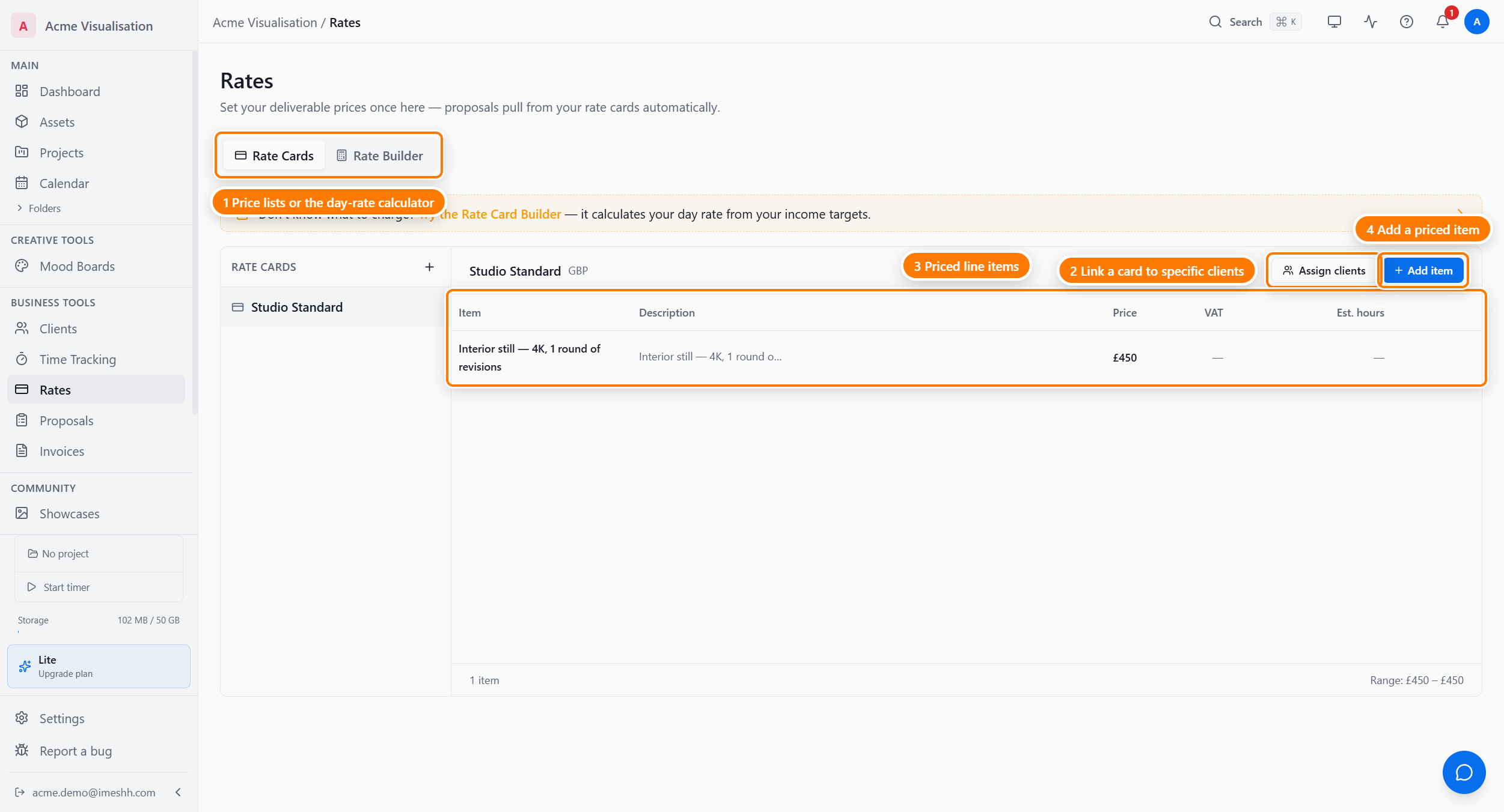 The Rates page on the Rate Cards tab: the Rate Cards and Rate Builder tabs (1), the Assign clients button (2), a rate card's priced line items in a table (3), and the Add item button (4).