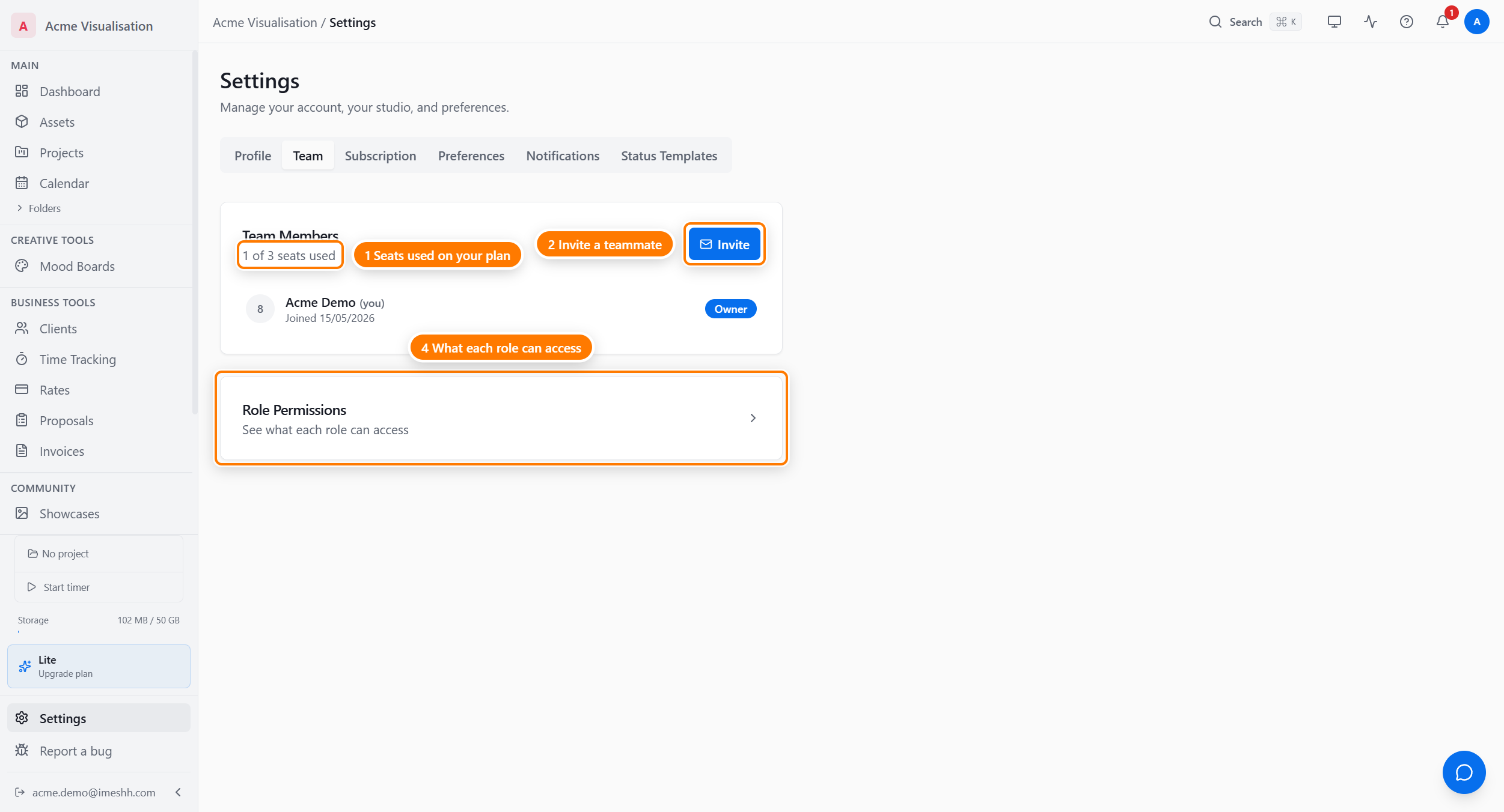 The Team tab showing the member count, an Invite button, member rows with role and seat badges, and a Role Permissions card below.