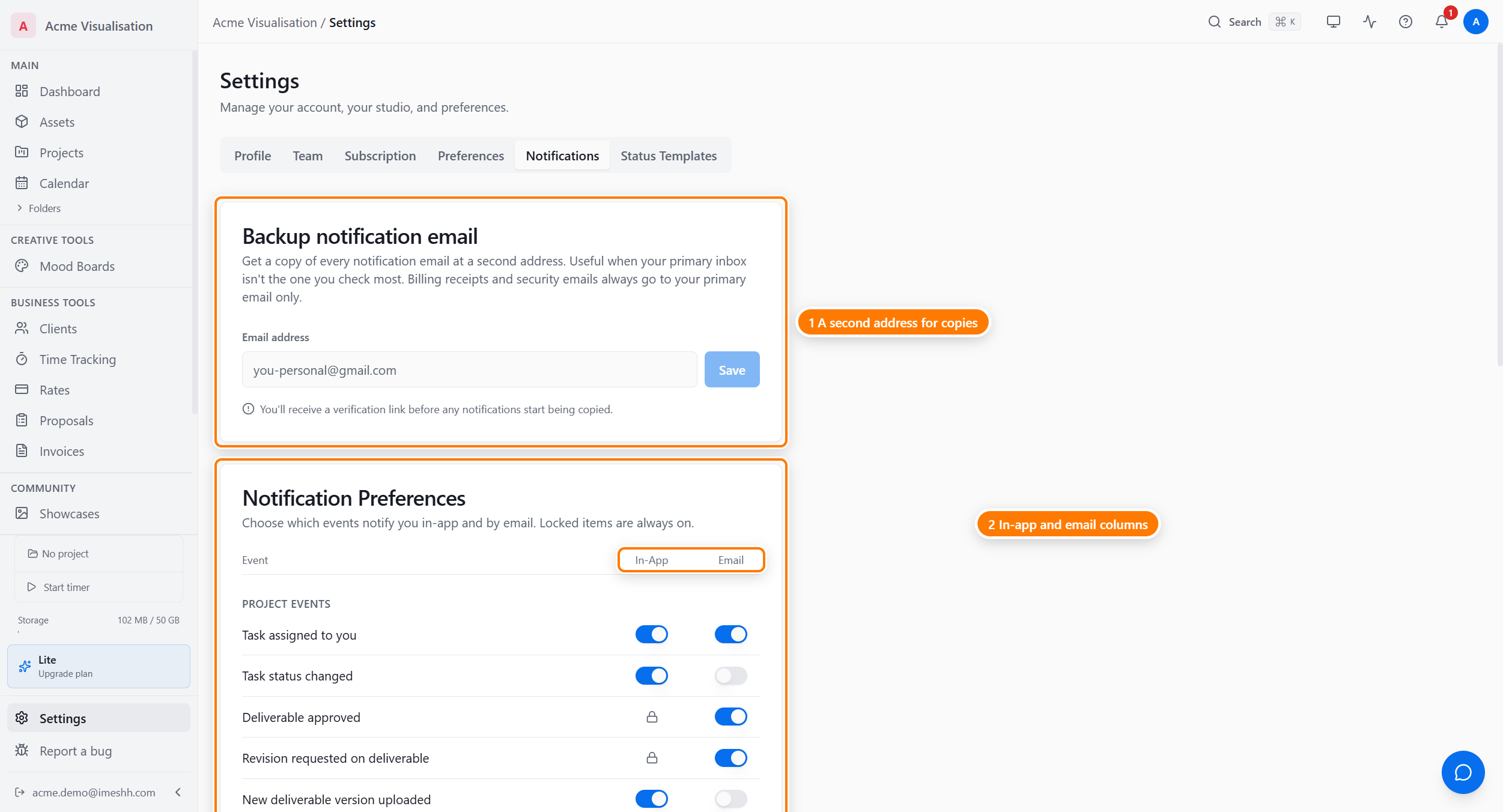The Notifications tab: the backup notification email card (1), the In-App / Email columns of the preferences grid (2), and the grouped event rows you toggle (3).