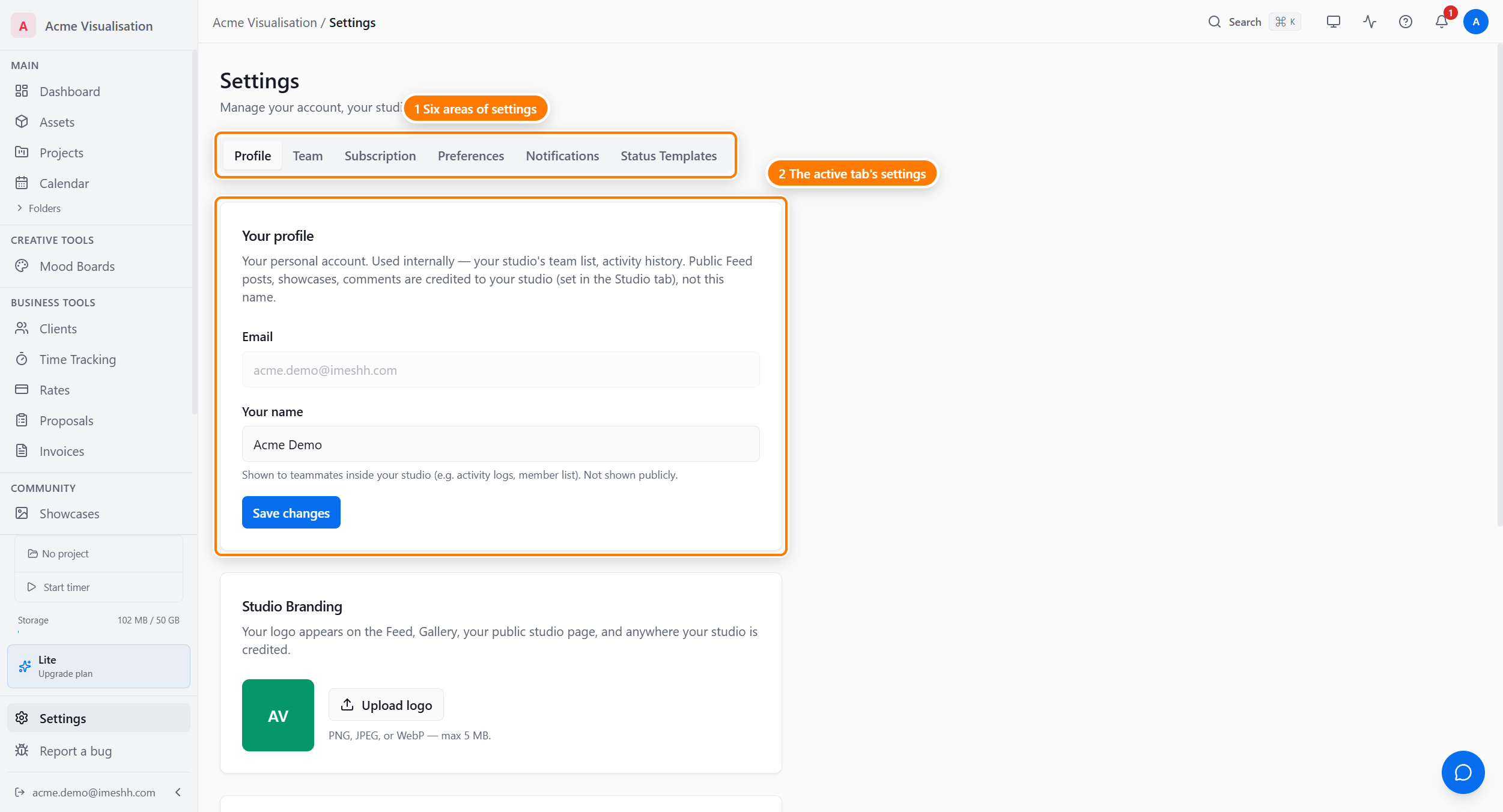 The Settings page showing six tabs across the top — Profile, Team, Subscription, Preferences, Notifications, Status Templates — with the Profile tab open.