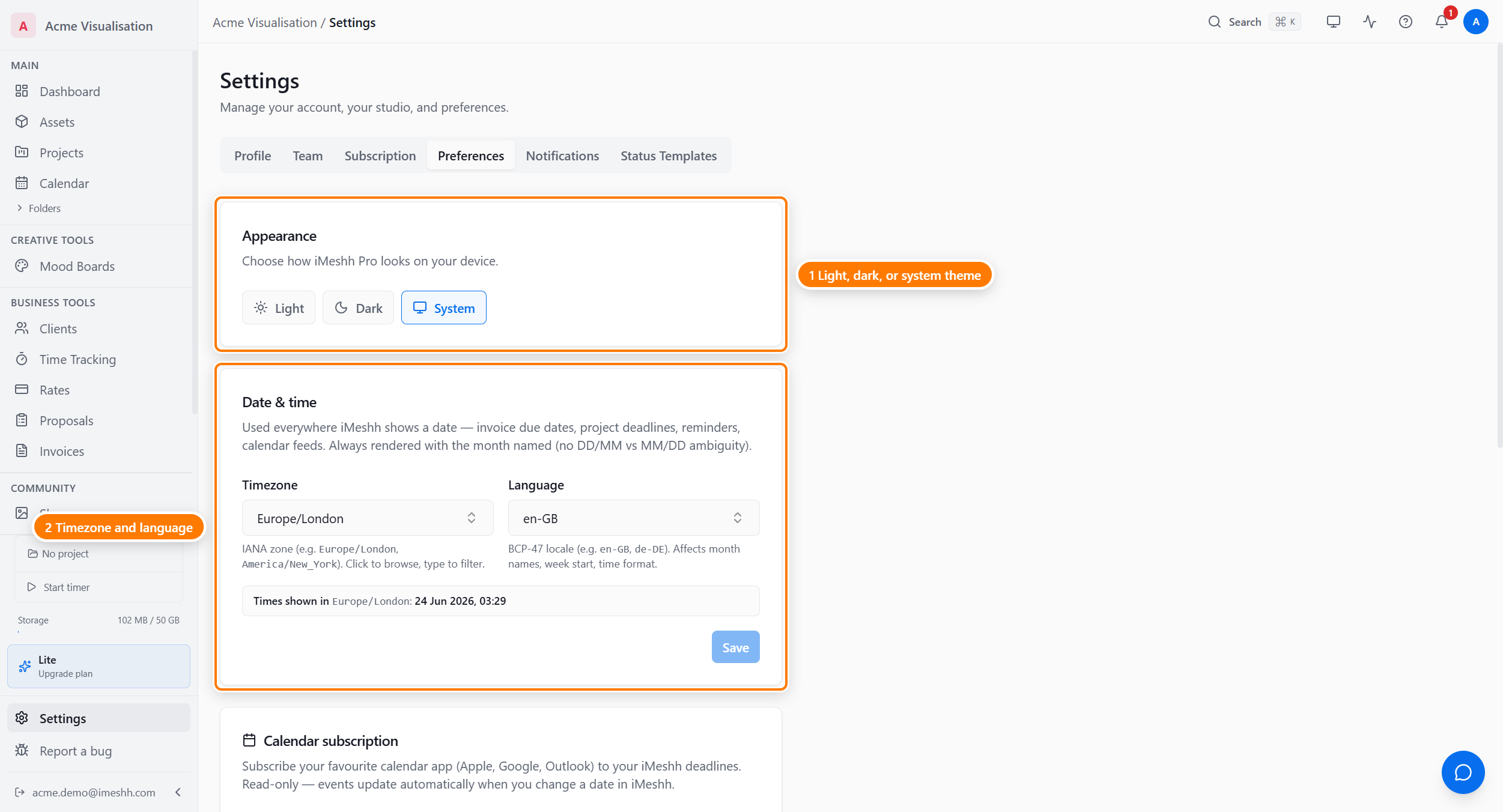 The Preferences tab: the Appearance theme buttons — Light, Dark, System (1), the Date & time card with timezone and language pickers and a live preview (2), and the Calendar subscription card (3).