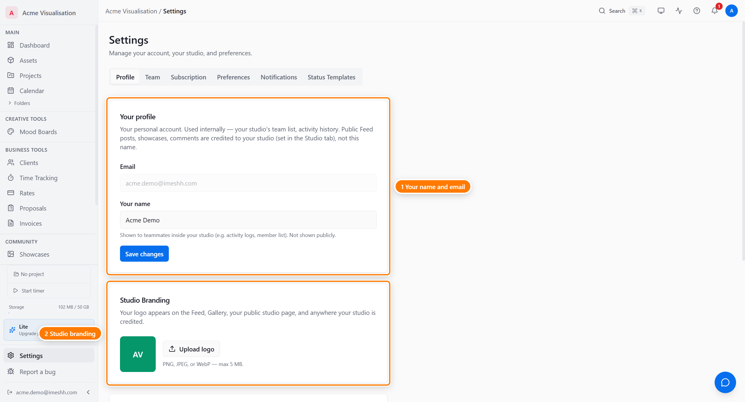 The Profile tab: the Your profile card with your name and locked email (1), and the owner-only Studio Branding card (2). The Security and Danger zone cards sit further down the tab.