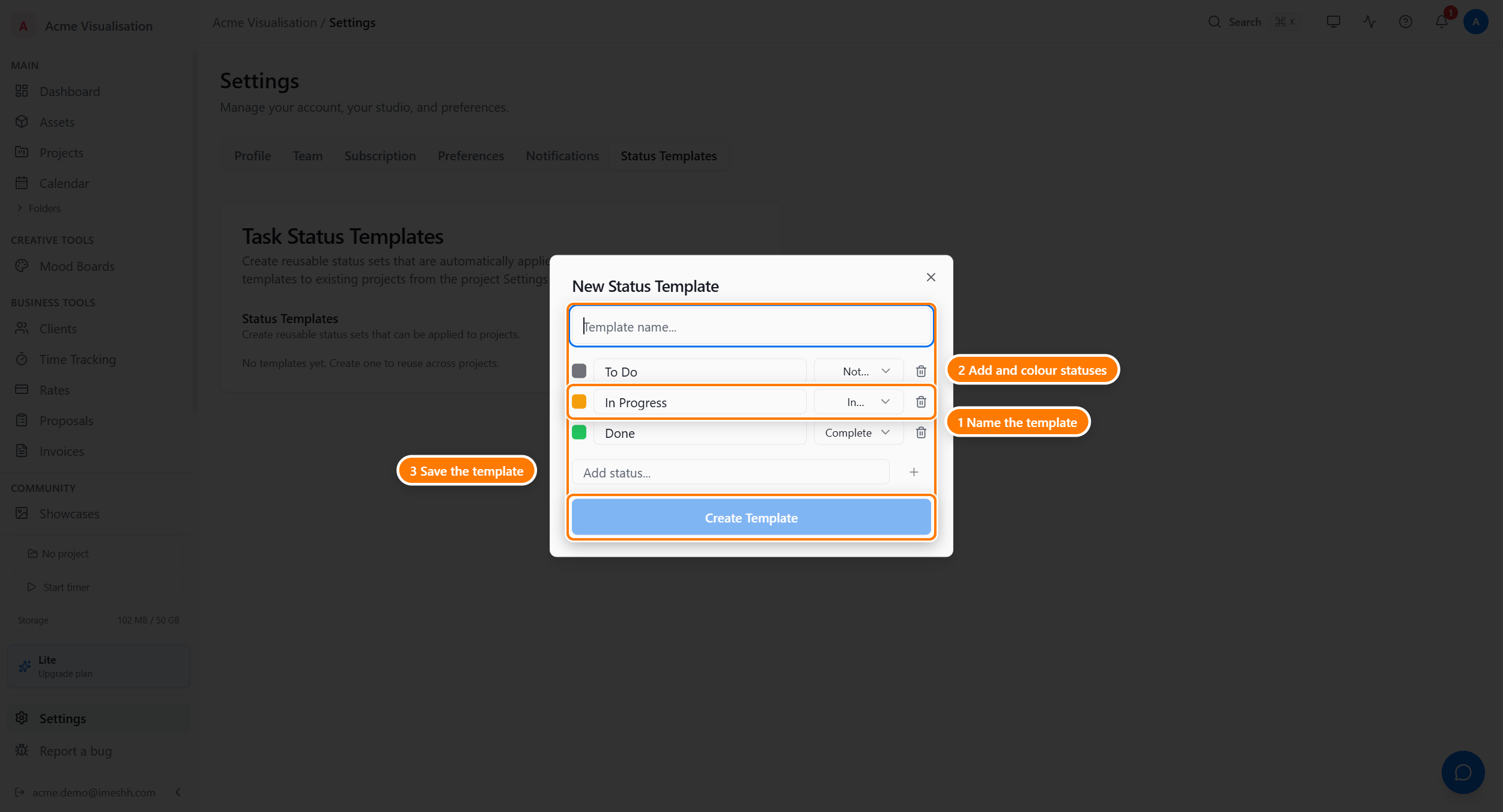 The New Status Template dialog opened from the Status Templates tab: the template name field (1), the starter statuses you add and recolour (2), and the Create Template button (3).