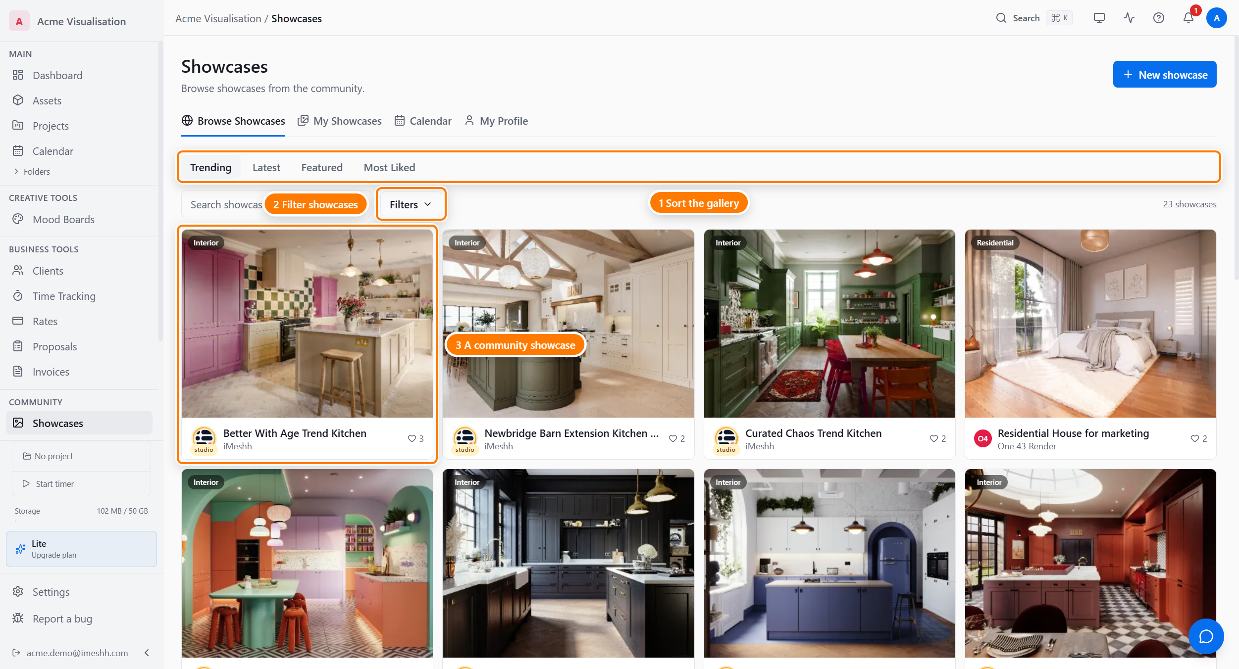 The Browse Showcases tab: the feed sort pills â Trending, Latest, Featured, Most Liked (1) â the keyword search field (2), and the Filters button (3), above a grid of community showcase cards.