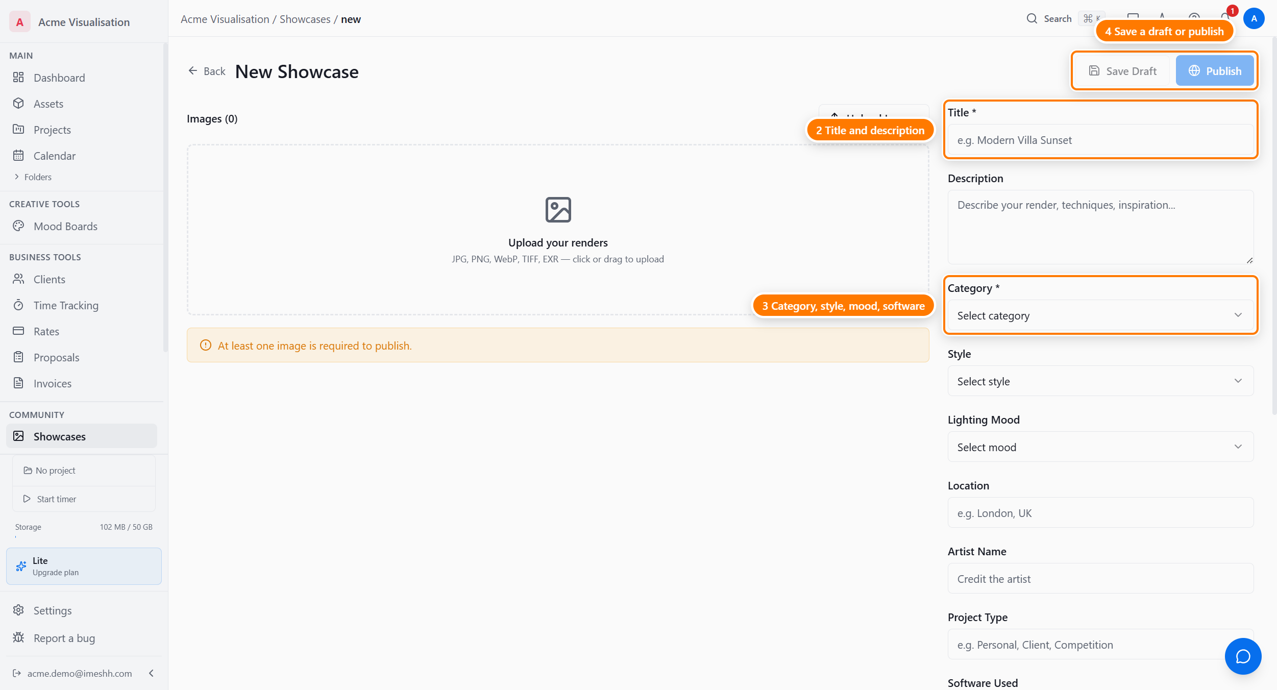 The New Showcase page: the image upload area (1), the Title and details fields (2), and the Save Draft / Publish buttons (3), with software tags and content blocks below.