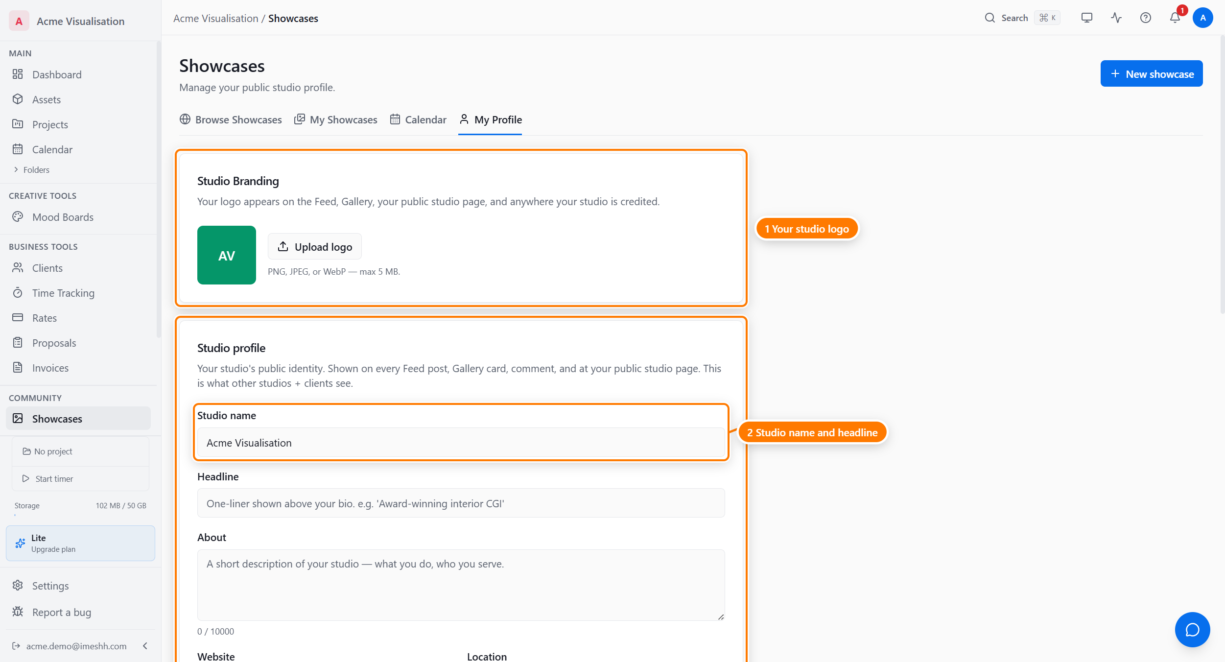 The My Profile tab showing the studio profile editor: the Studio Branding logo uploader (1), the public Studio profile details — studio name, headline, About (2) — with social links and specialties below.