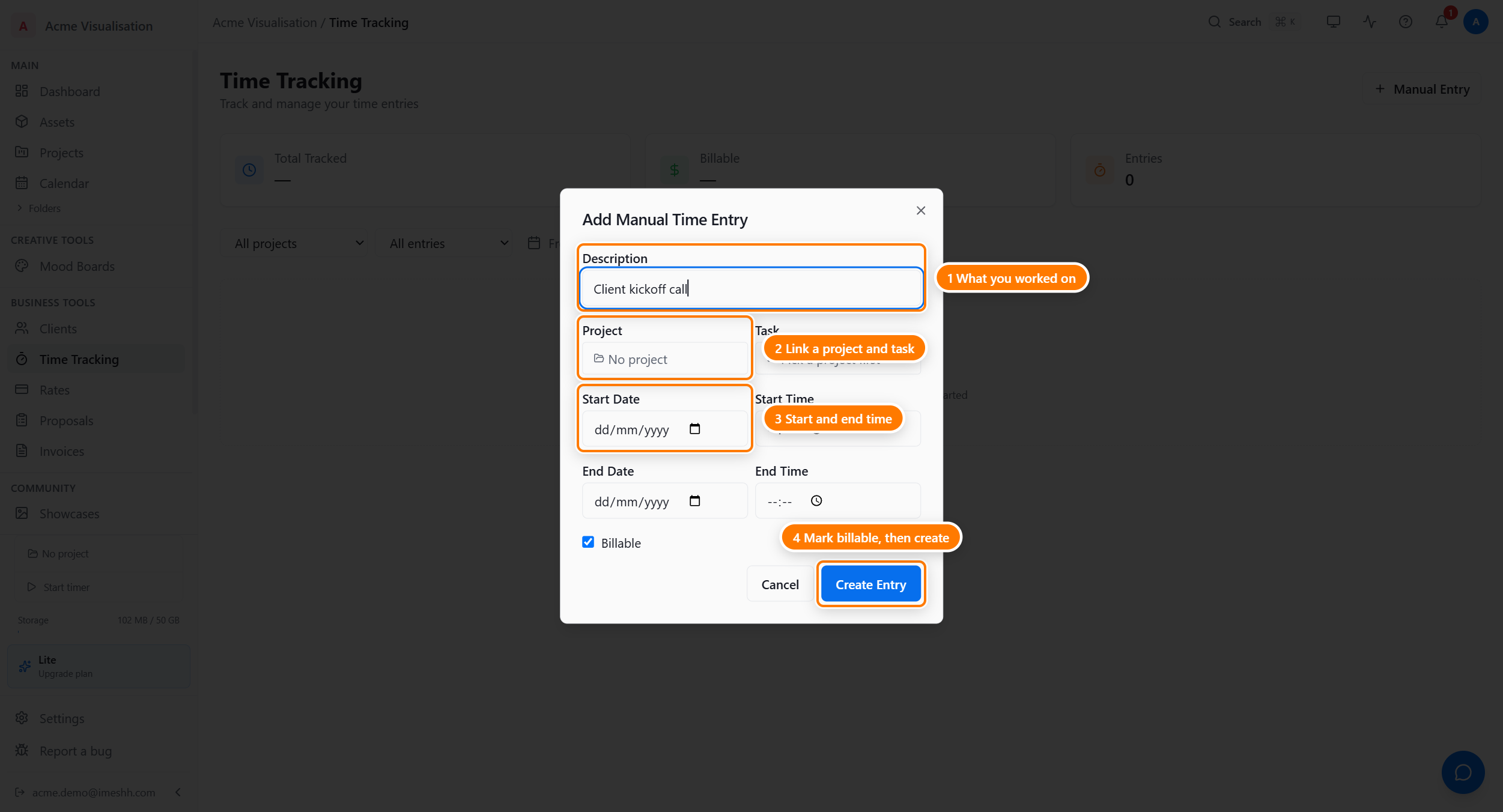 The Add Manual Time Entry dialog: the Description field (1), the Project and Task pickers (2), the Start and End date/time fields (3), and the Billable toggle next to the Create Entry button (4).