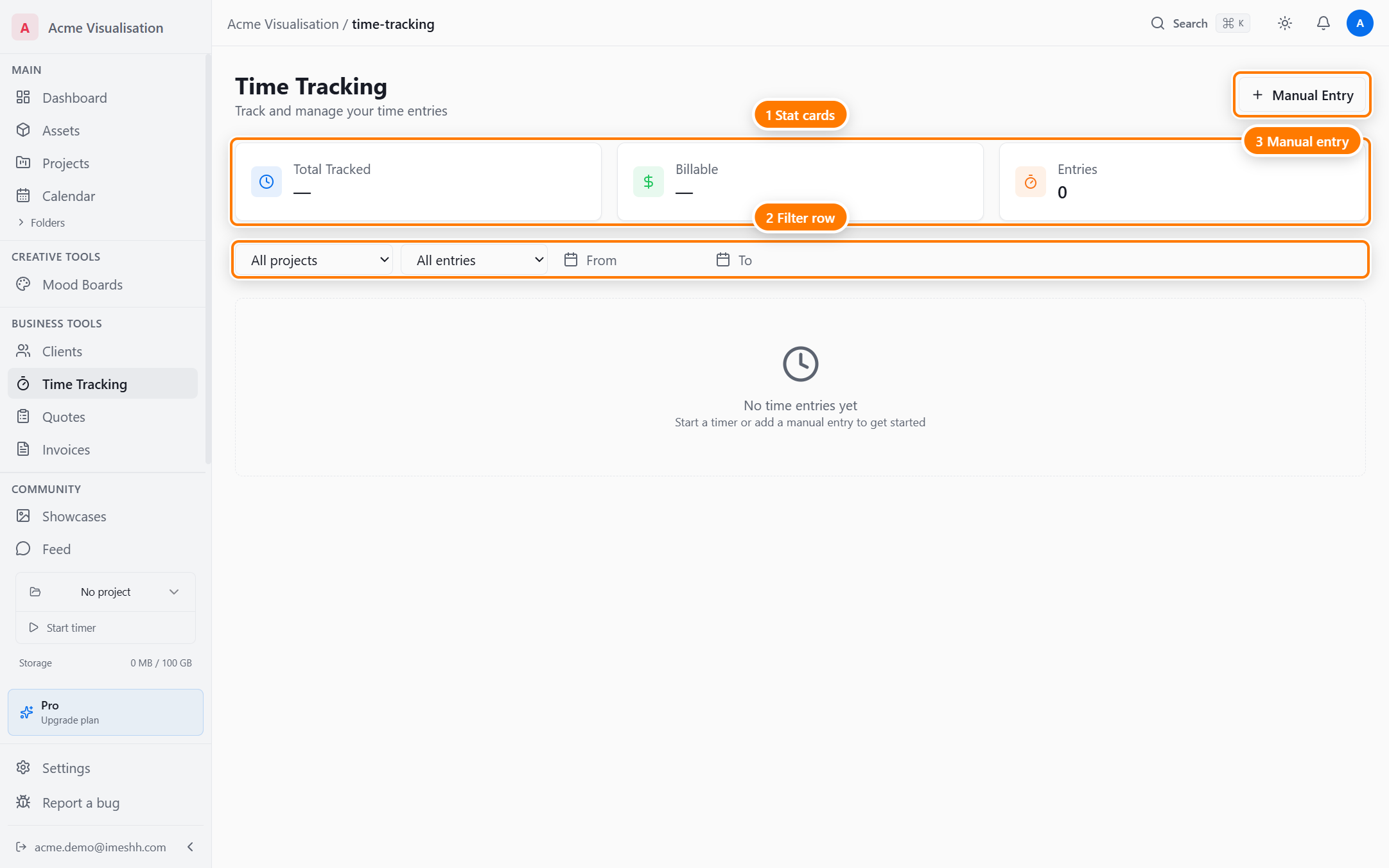 The Time Tracking page showing three stat cards (Total Tracked, Billable, Entries 0), a filter row with All projects / All entries / From / To, and an empty state reading 'No time entries yet'. A Manual Entry button sits in the top-right.